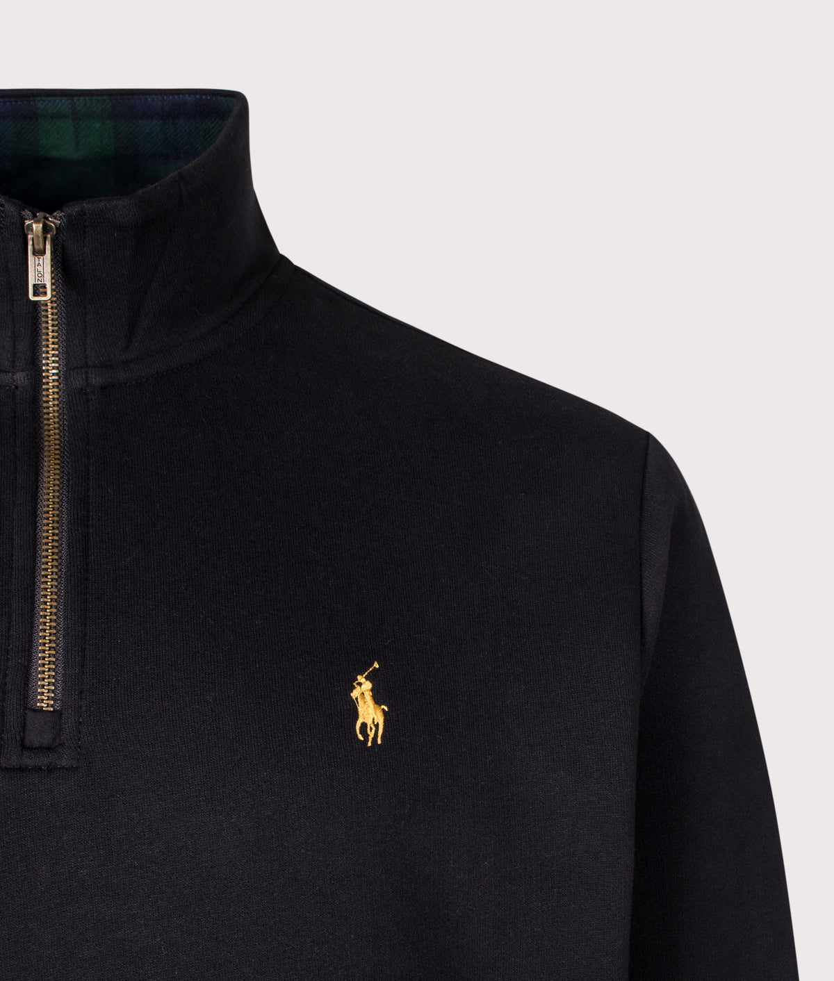 Polo Ralph Lauren The RL Fleece Quarter Zip Sweatshirt in Polo Black at EQVVS Menswear. Detail shot. 