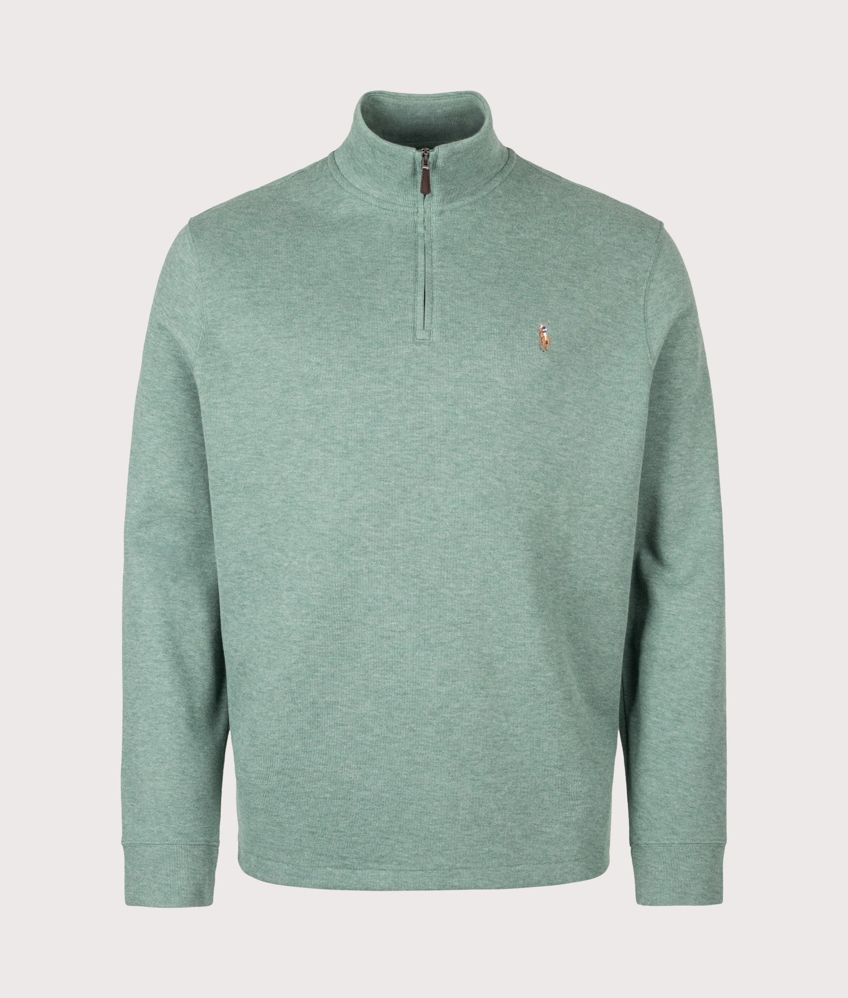 Polo Ralph Lauren staple Loose Fit Estate-Rib Quarter Zip Knit Jumper in Pine Heather at EQVVS Menswear. Front shot.