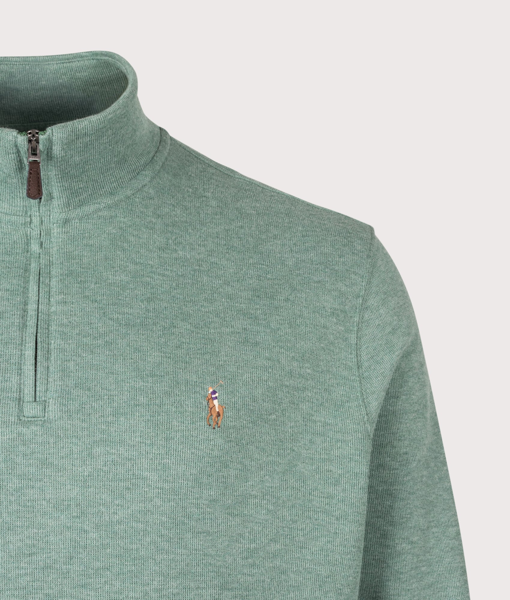 Polo Ralph Lauren staple Loose Fit Estate-Rib Quarter Zip Knit Jumper in Pine Heather at EQVVS Menswear. Detail shot.