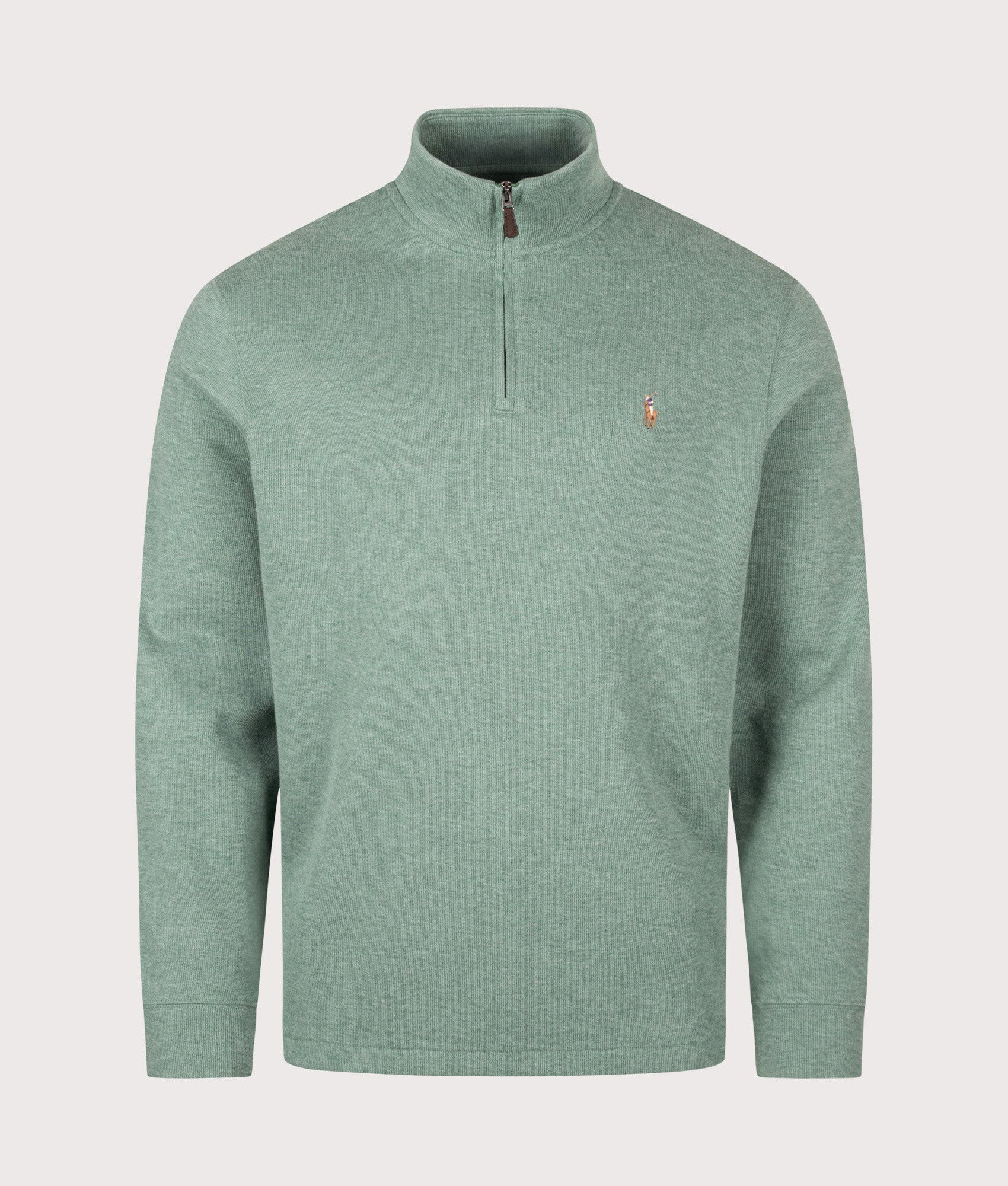 Polo Ralph Lauren Estate-Rib Quarter Zip Knit Jumper in Pine Heather at EQVVS Menswear. Front shot.