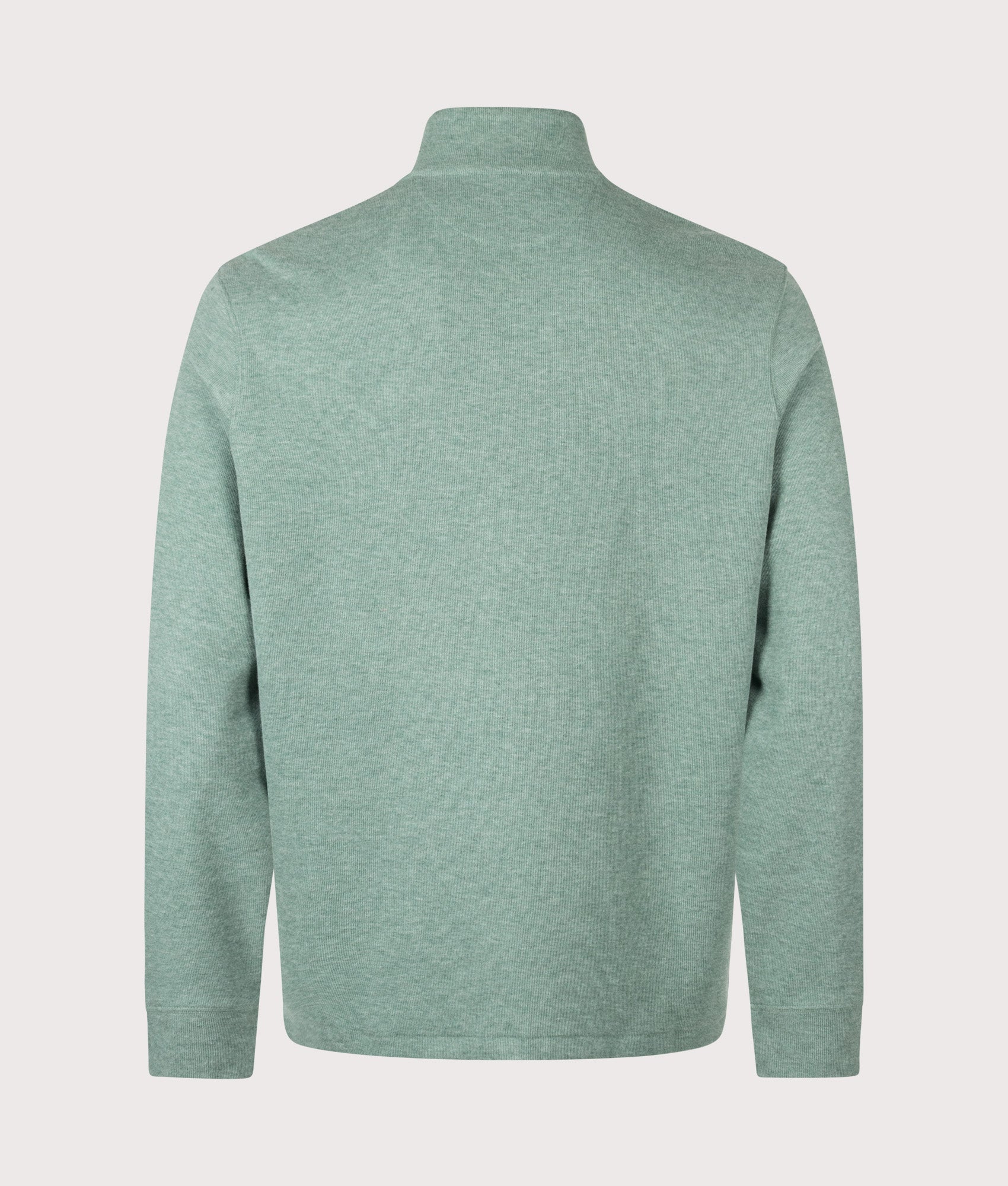 Polo Ralph Lauren staple Loose Fit Estate-Rib Quarter Zip Knit Jumper in Pine Heather at EQVVS Menswear. Back shot.