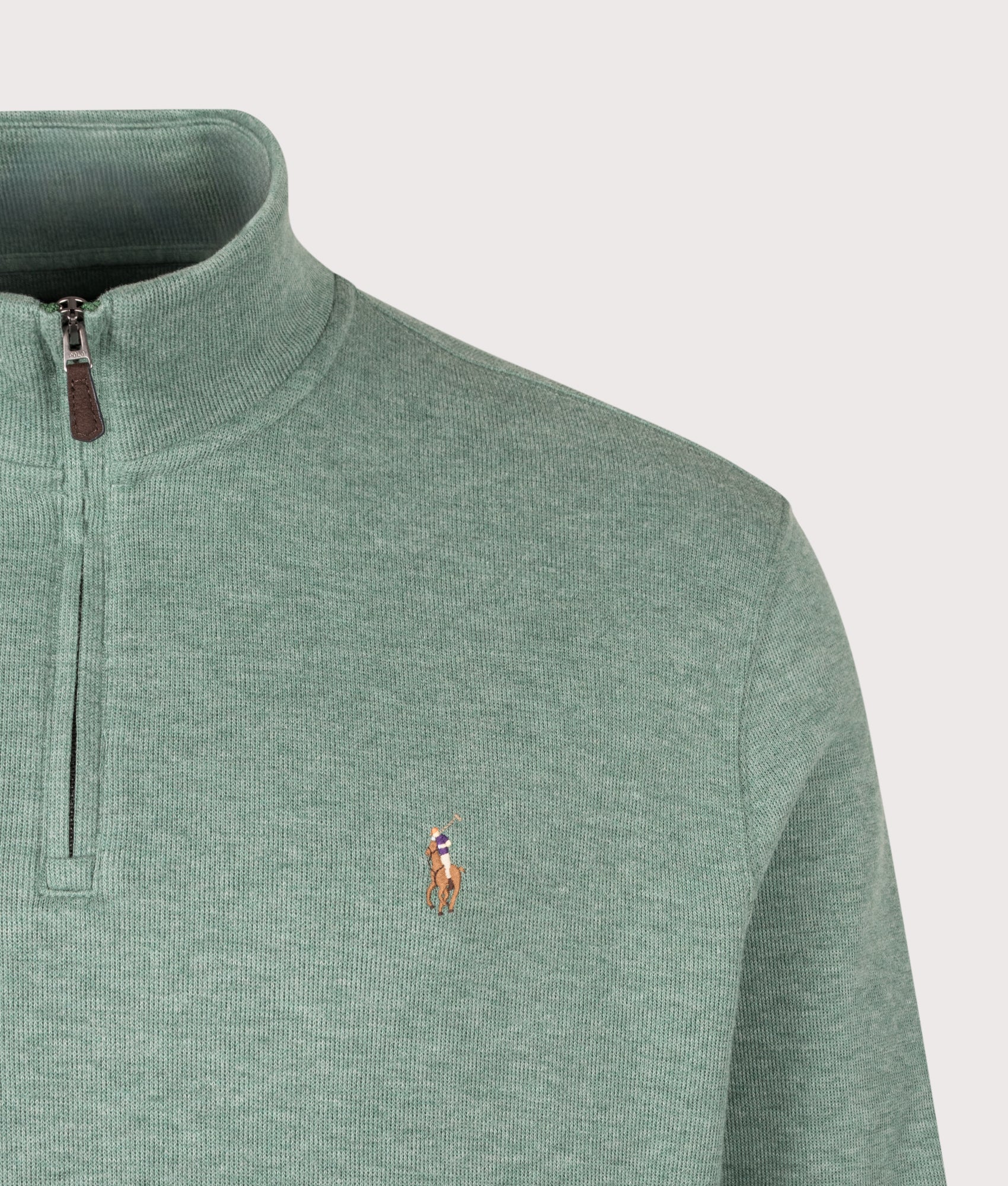 Polo Ralph Lauren Estate-Rib Quarter Zip Knit Jumper in Pine Heather at EQVVS Menswear. Detail shot.