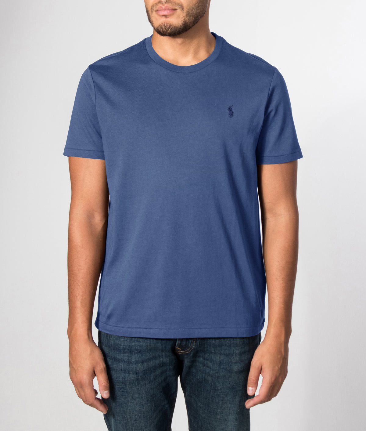 Polo Ralph Lauren Custom Slim Fit Jersey T-Shirt in Derby Blue Heather at EQVVS Menswear. Front model shot.