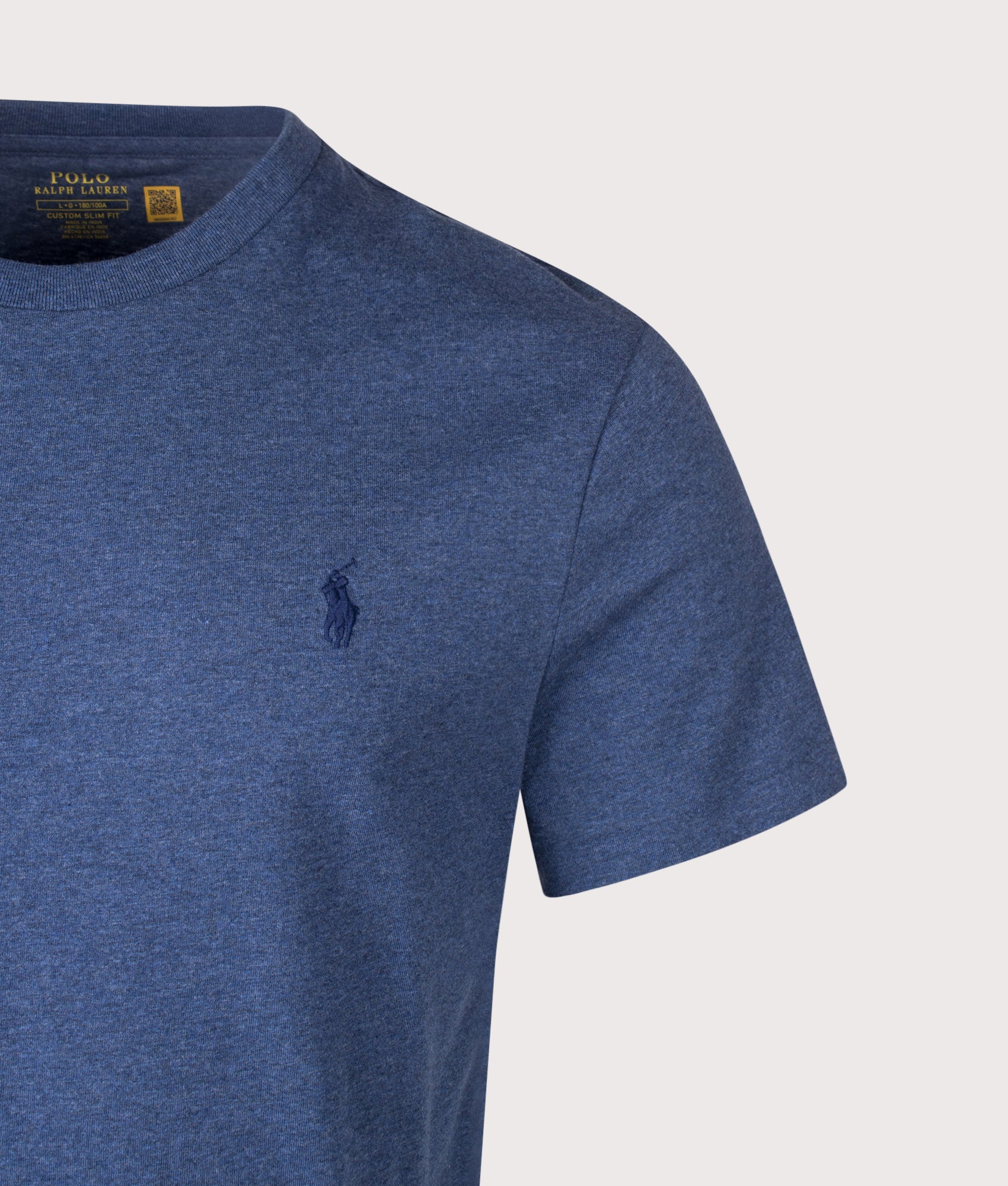 Polo Ralph Lauren Custom Slim Fit Jersey T-Shirt in Derby Blue Heather at EQVVS Menswear. Detail shot.