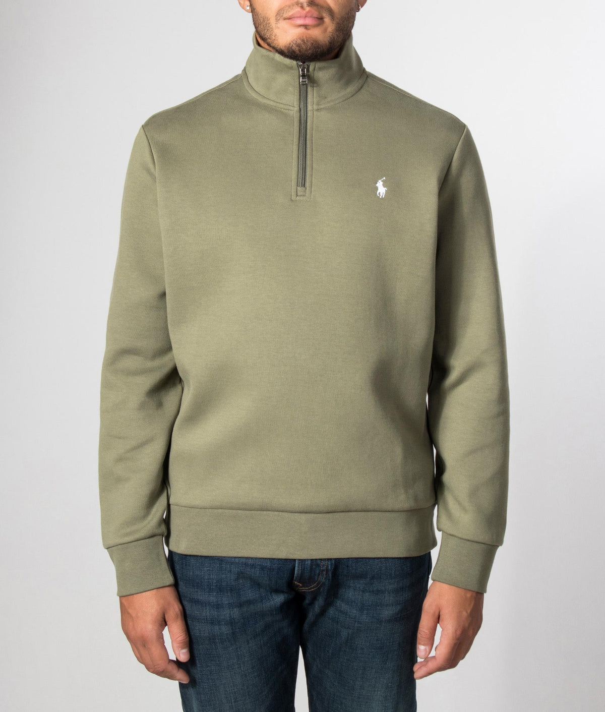Polo Ralph Lauren Double-Knit Quarter Zip Sweatshirt in Cruise Olive at EQVVS Menswear. Front model shot.