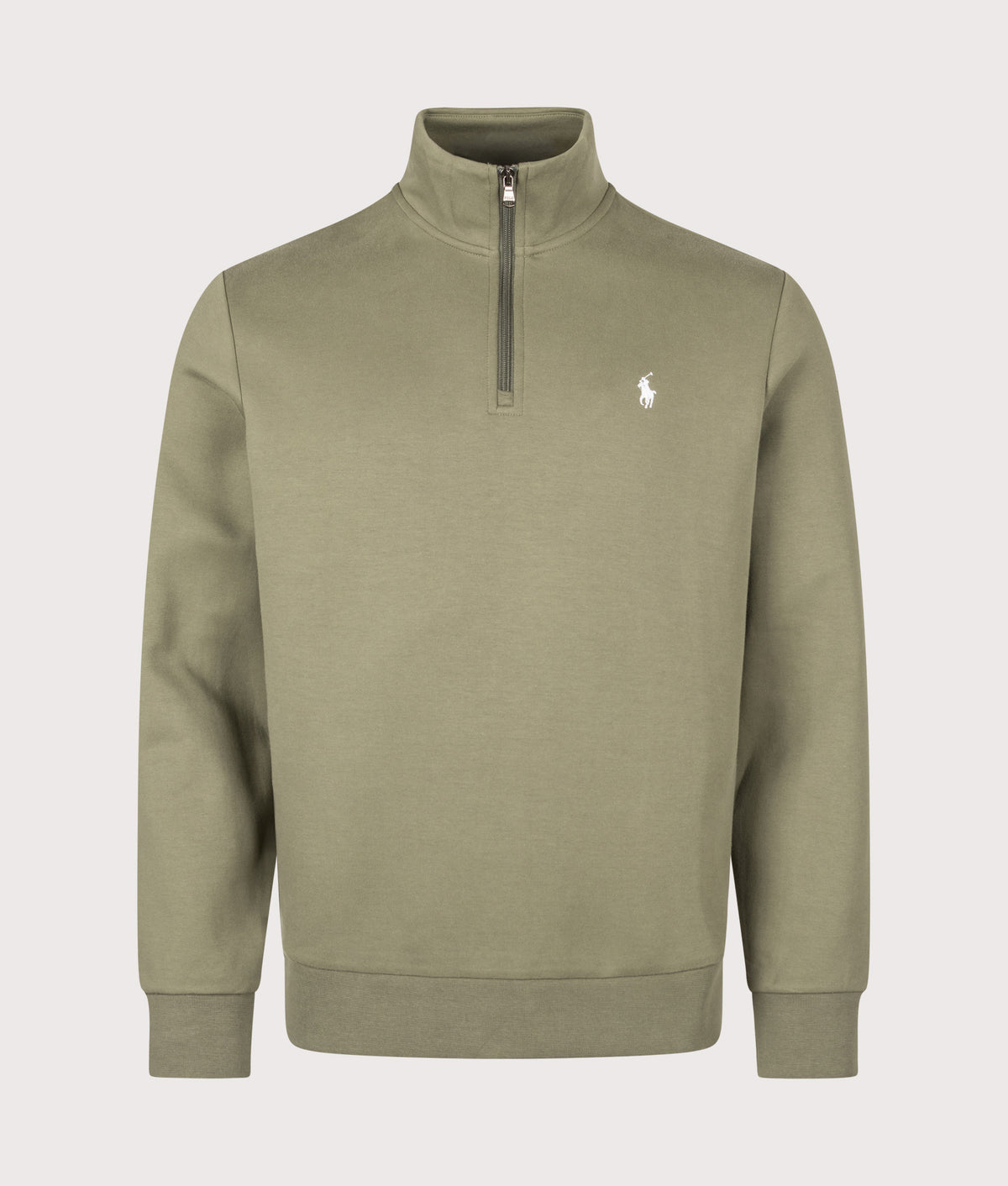 Polo Ralph Lauren Double-Knit Quarter Zip Sweatshirt in Cruise Olive at EQVVS Menswear. Front shot.