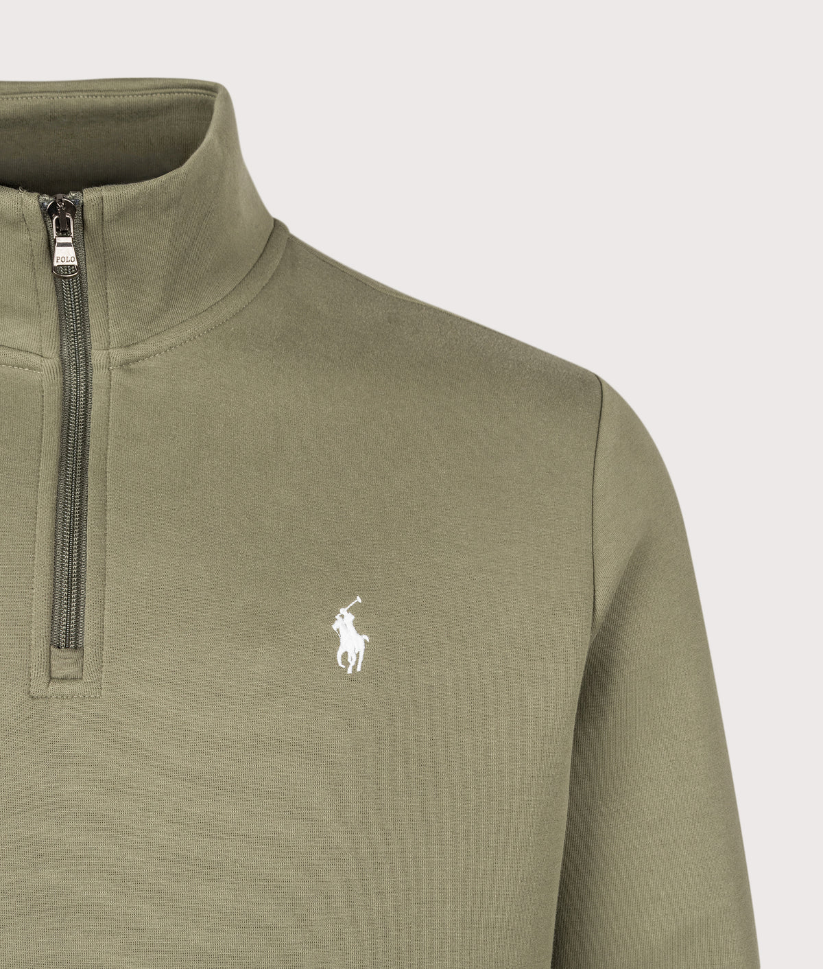 Polo Ralph Lauren Double-Knit Quarter Zip Sweatshirt in Cruise Olive at EQVVS Menswear. Detail shot.