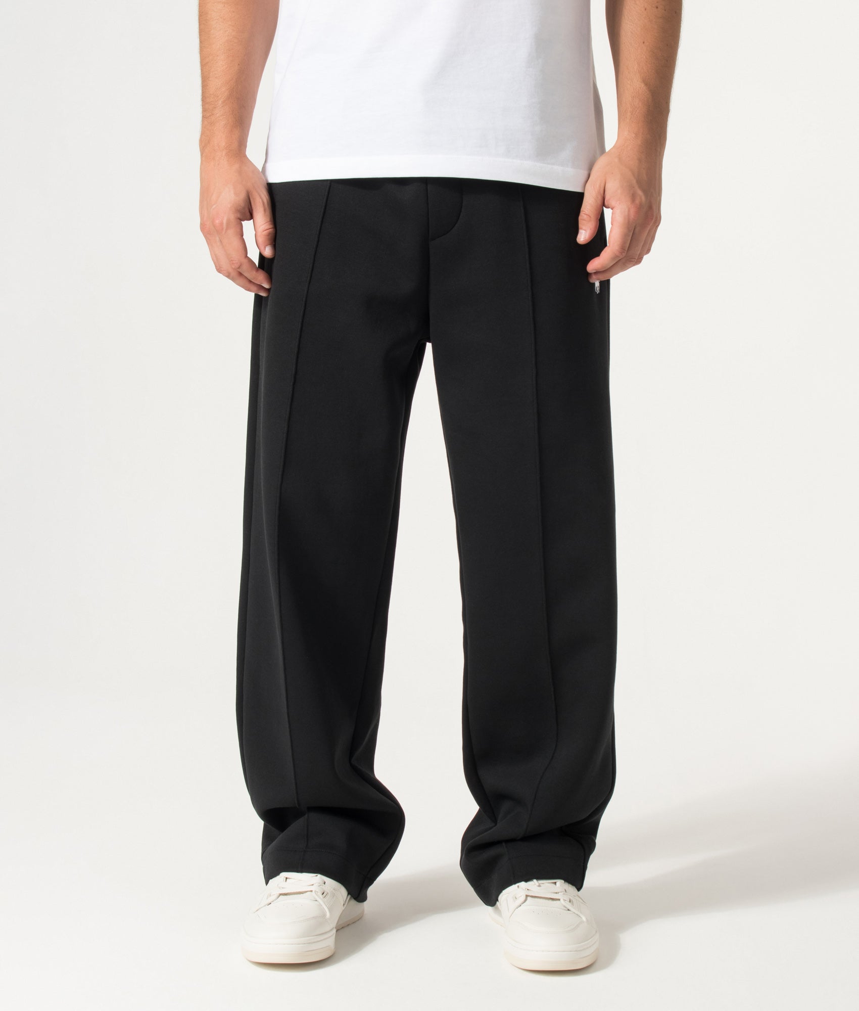Polo Ralph Lauren Double Knit Wide Leg Joggers in Polo Black at EQVVS Menswear. Model front shot.
