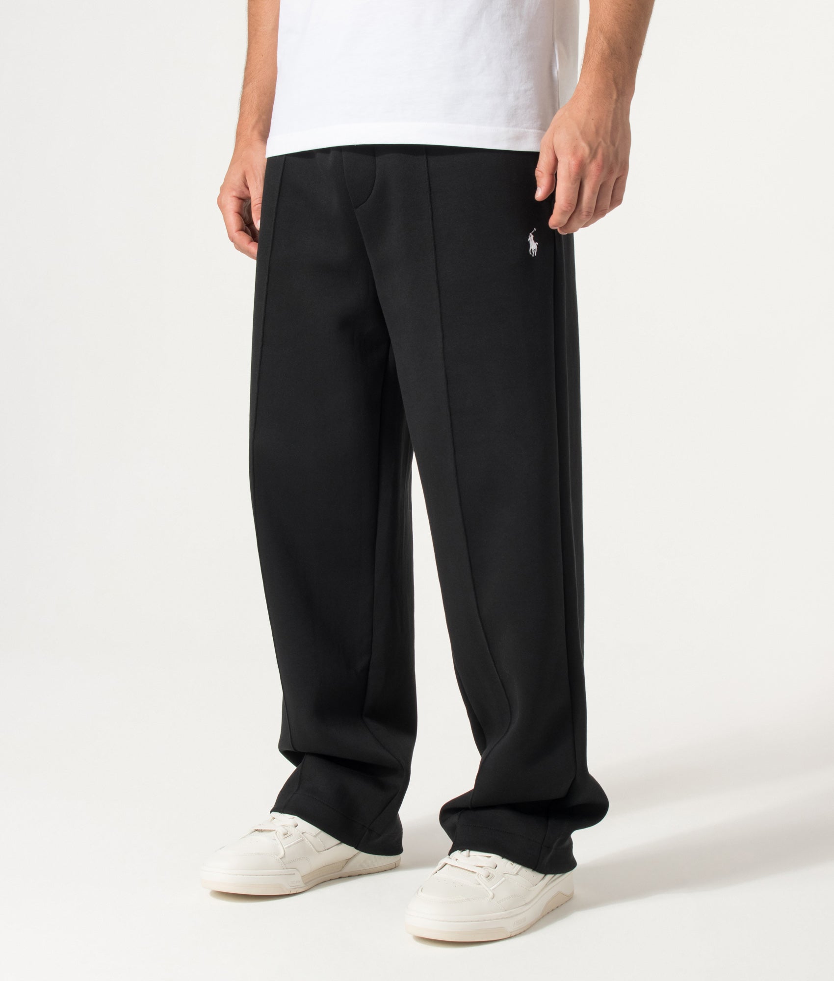 Polo Ralph Lauren Double Knit Wide Leg Joggers in Polo Black at EQVVS Menswear. Model angled front shot.