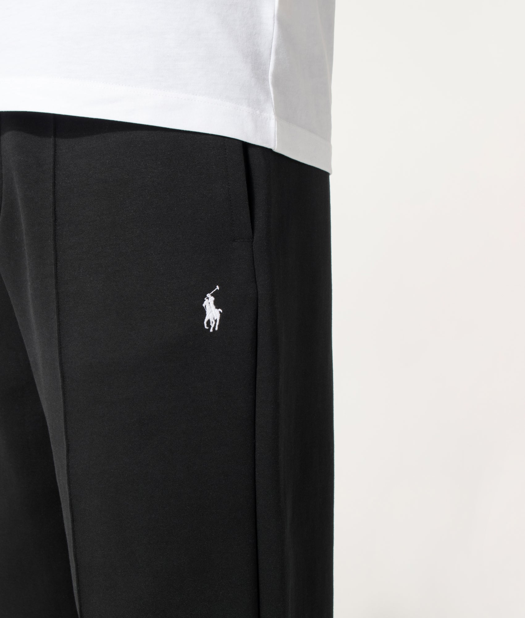 Polo Ralph Lauren Double Knit Wide Leg Joggers in Polo Black at EQVVS Menswear. Detail shot.