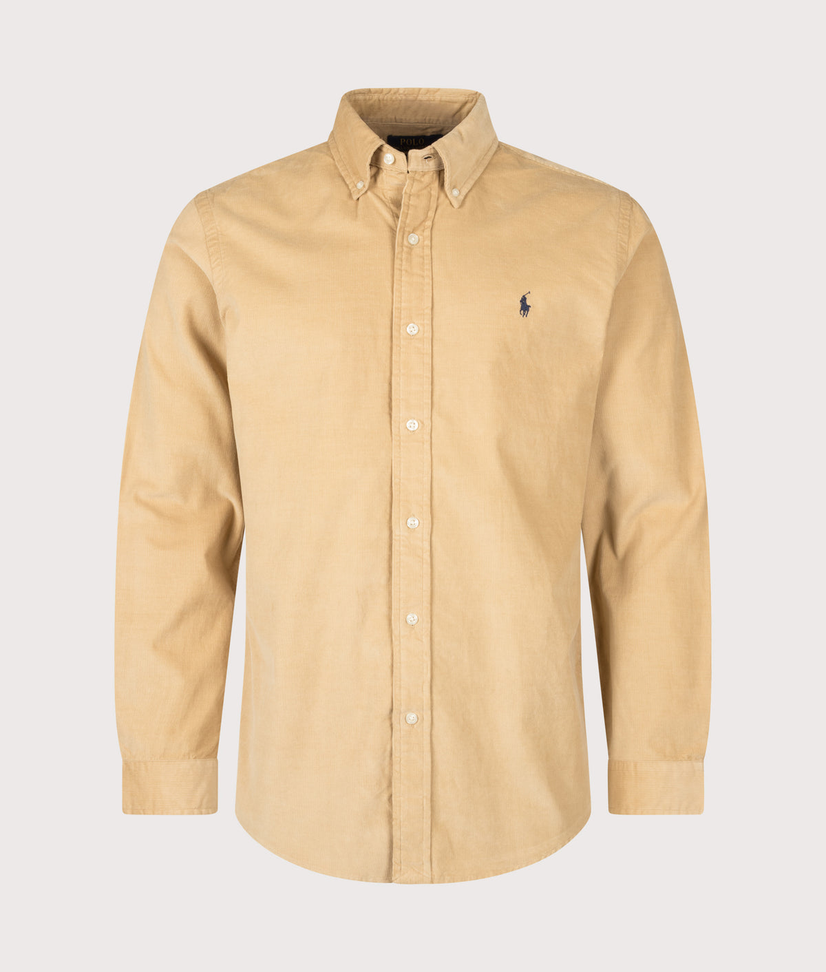 Polo Ralph Lauren Custom Fit Corduroy Shirt in Classic Camel at EQVVS Menswear. Front shot.