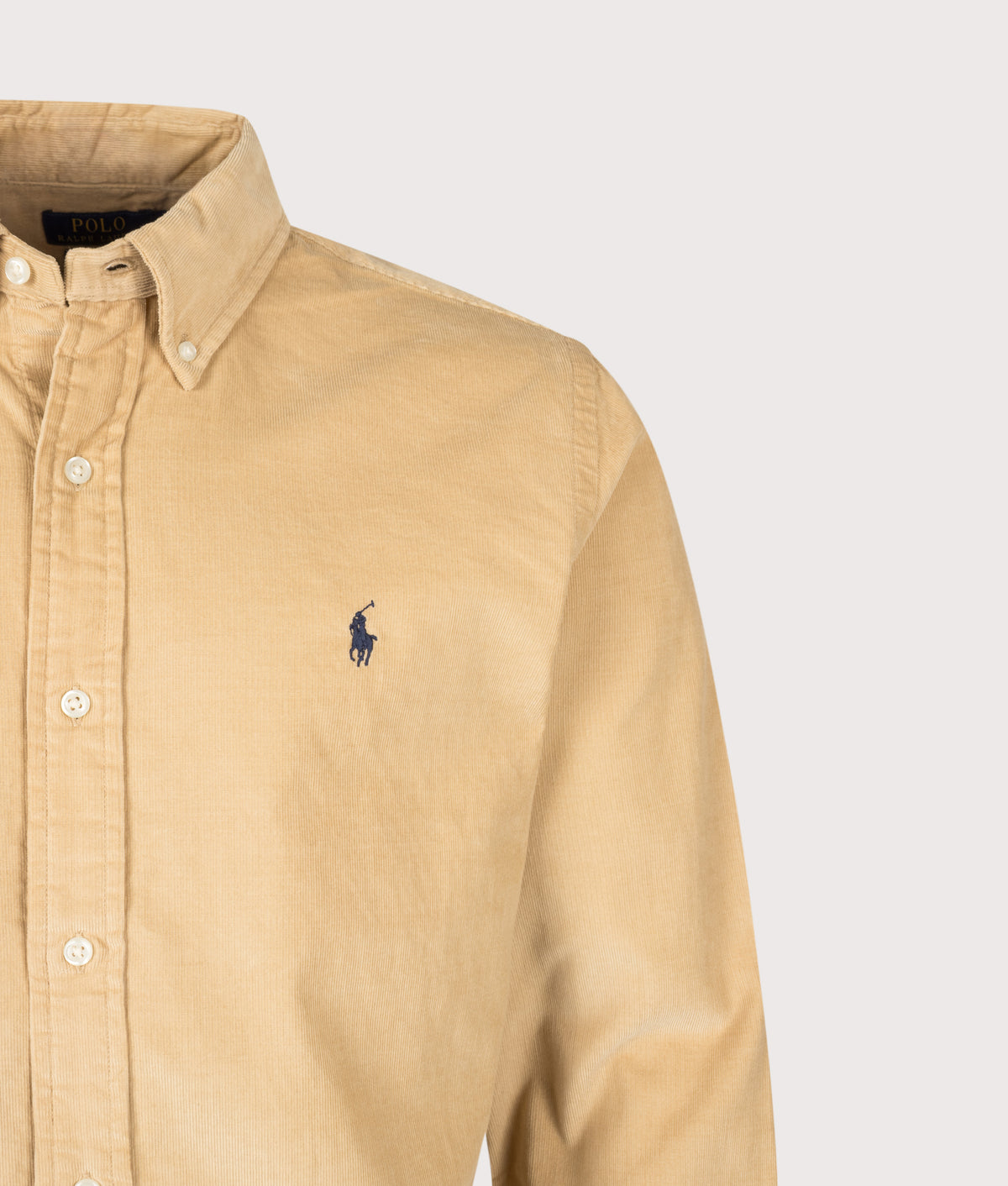 Polo Ralph Lauren Custom Fit Corduroy Shirt in Classic Camel at EQVVS Menswear. Detail shot.