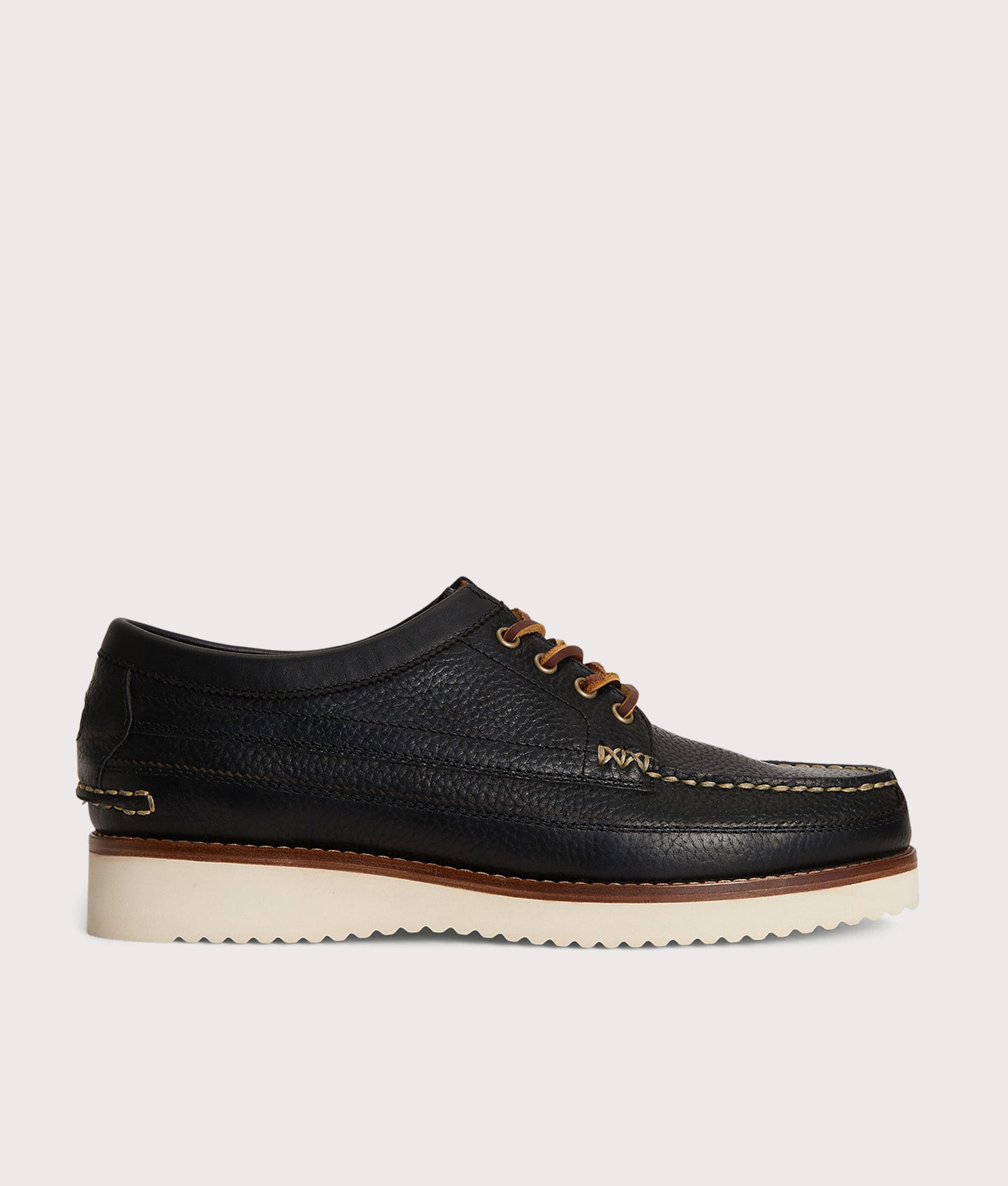 Polo Ralph Lauren Ranger Low Boots in Black at EQVVS Menswear. Side detail shot.
