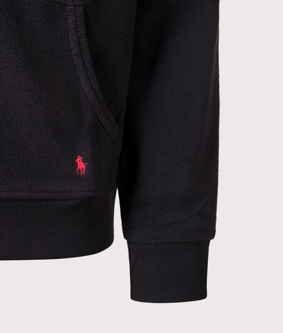 Polo Ralph Lauren Regular Fit Zip Through Polar Fleece in Polo Black at EQVVS Menswear. Detail shot.