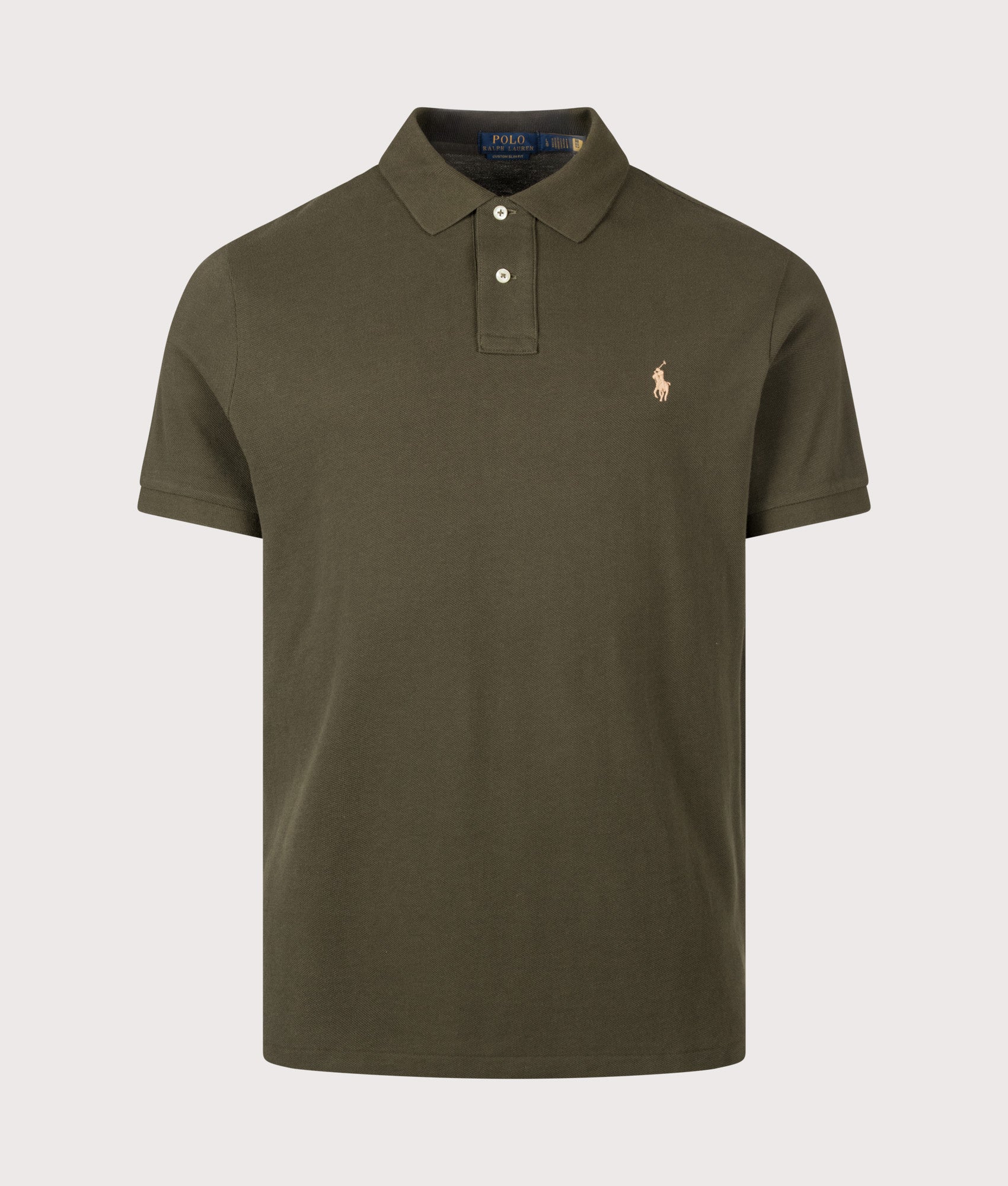 Polo Ralph Lauren Custom Slim Fit Mesh Polo Shirt in Company Olive at EQVVS Menswear. Front shot.