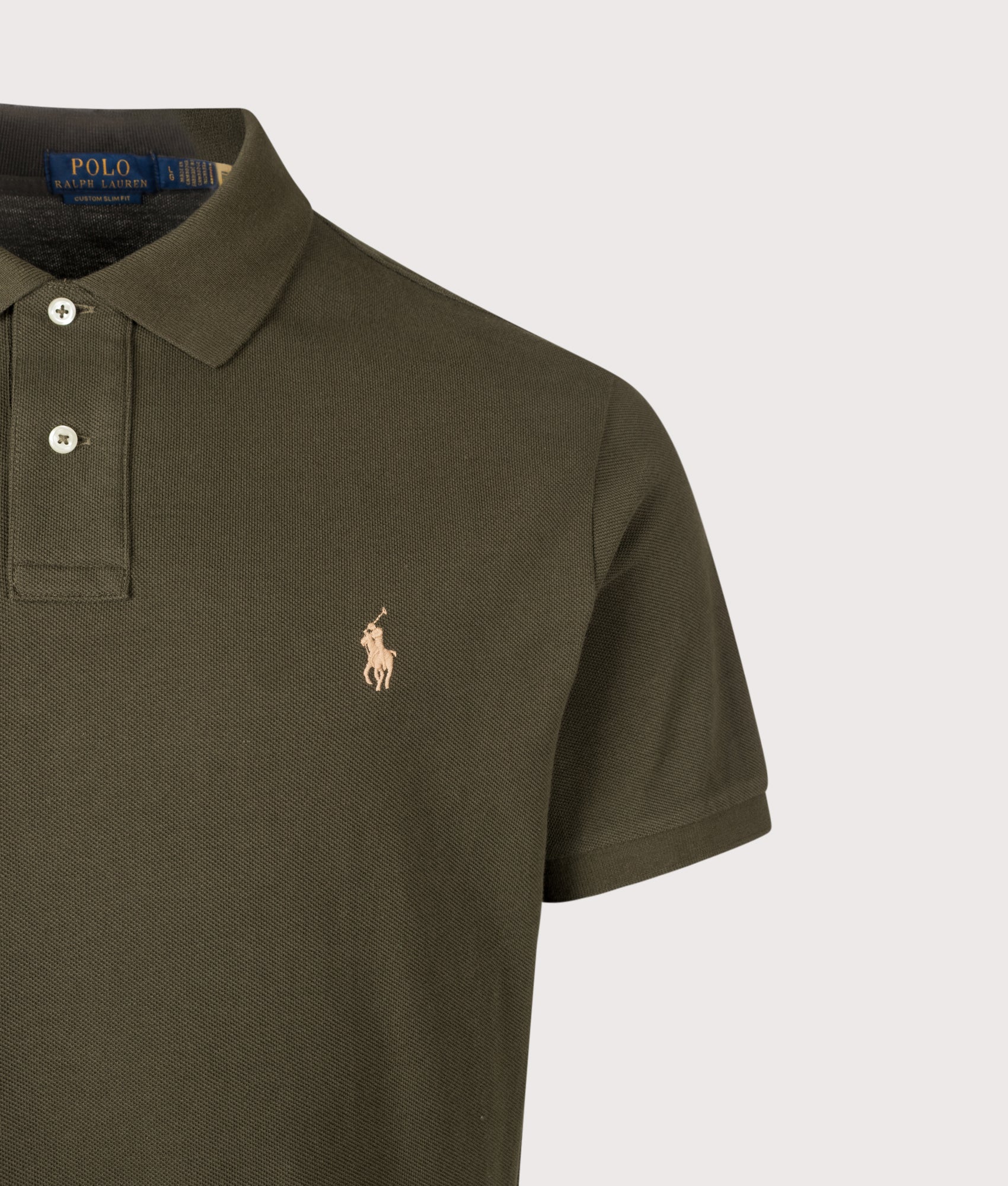 Polo Ralph Lauren Custom Slim Fit Mesh Polo Shirt in Company Olive at EQVVS Menswear. Detail shot.