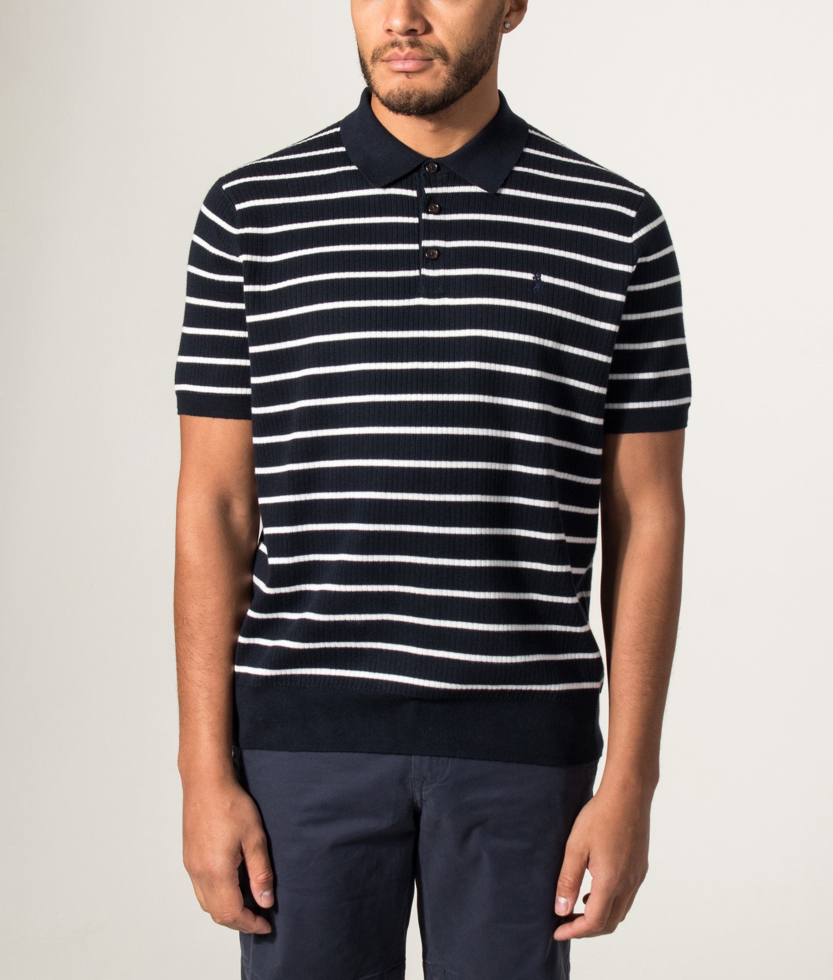 Polo Ralph Lauren Striped Rib-knit Cotton Polo Shirt in Navy White Combo at EQVVS Menswear. Model front shot.
