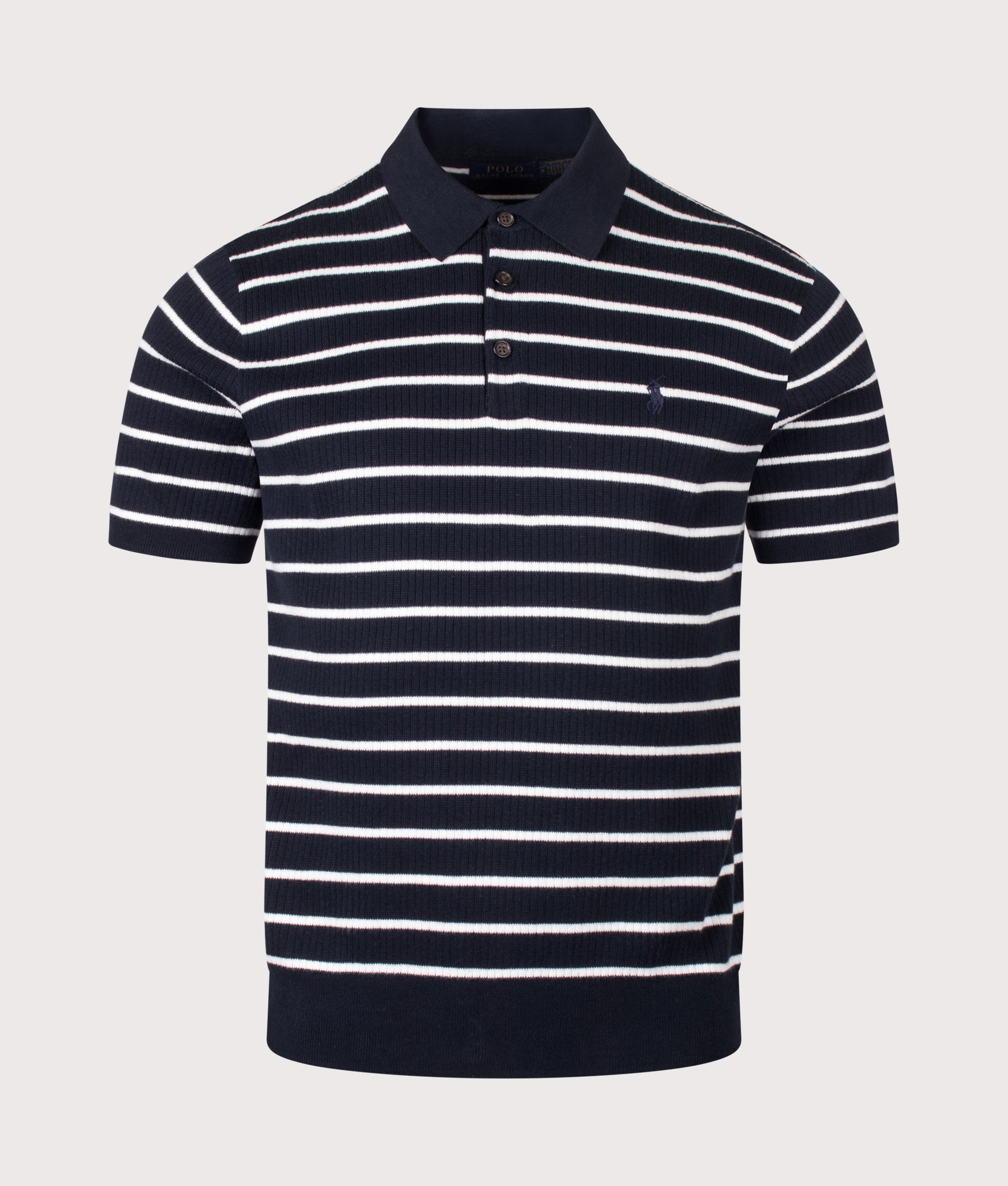 Polo Ralph Lauren Striped Rib-knit Cotton Polo Shirt in Navy White Combo at EQVVS Menswear. Front shot.