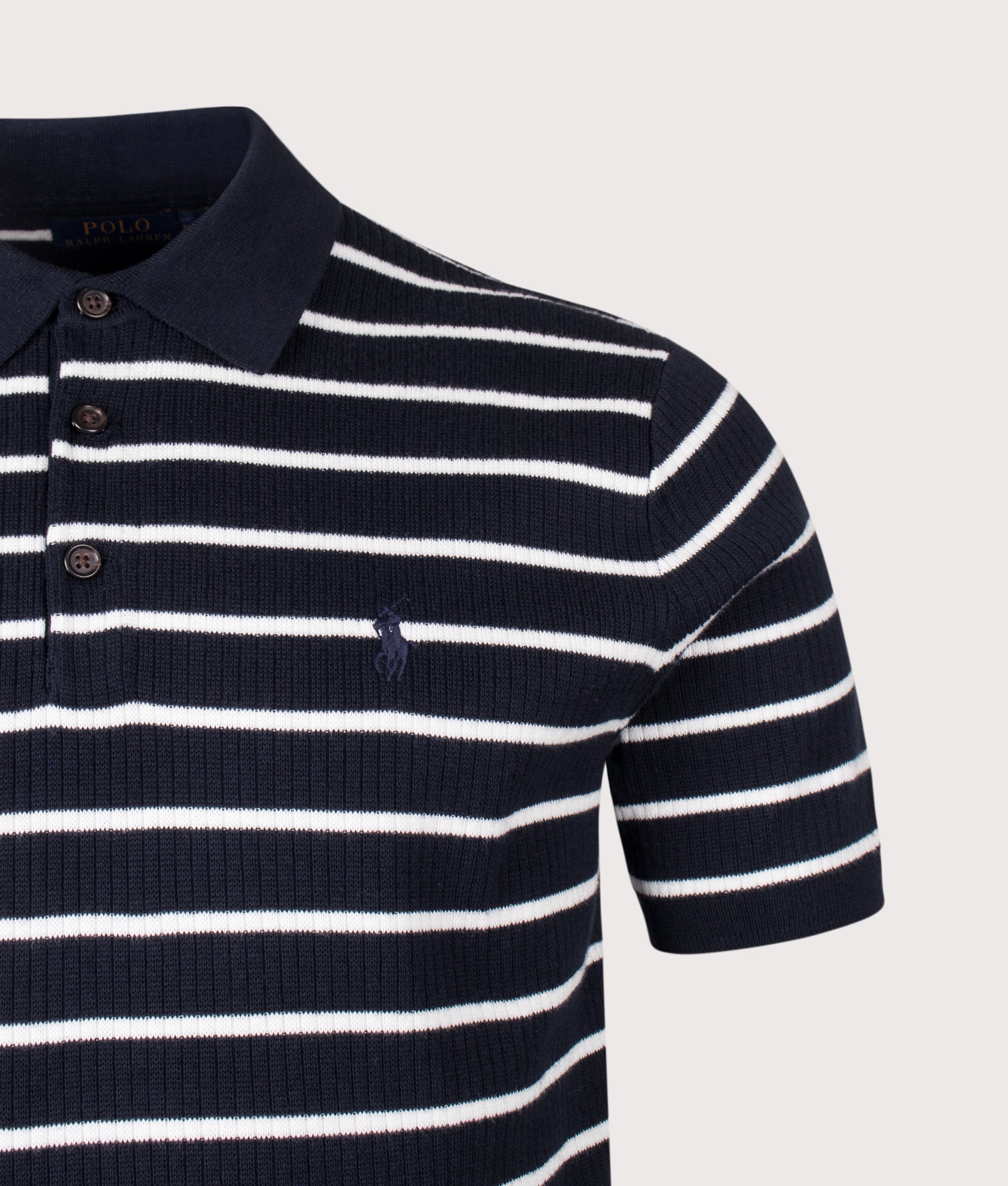 Polo Ralph Lauren Striped Rib-knit Cotton Polo Shirt in Navy White Combo at EQVVS Menswear. Detail shot.