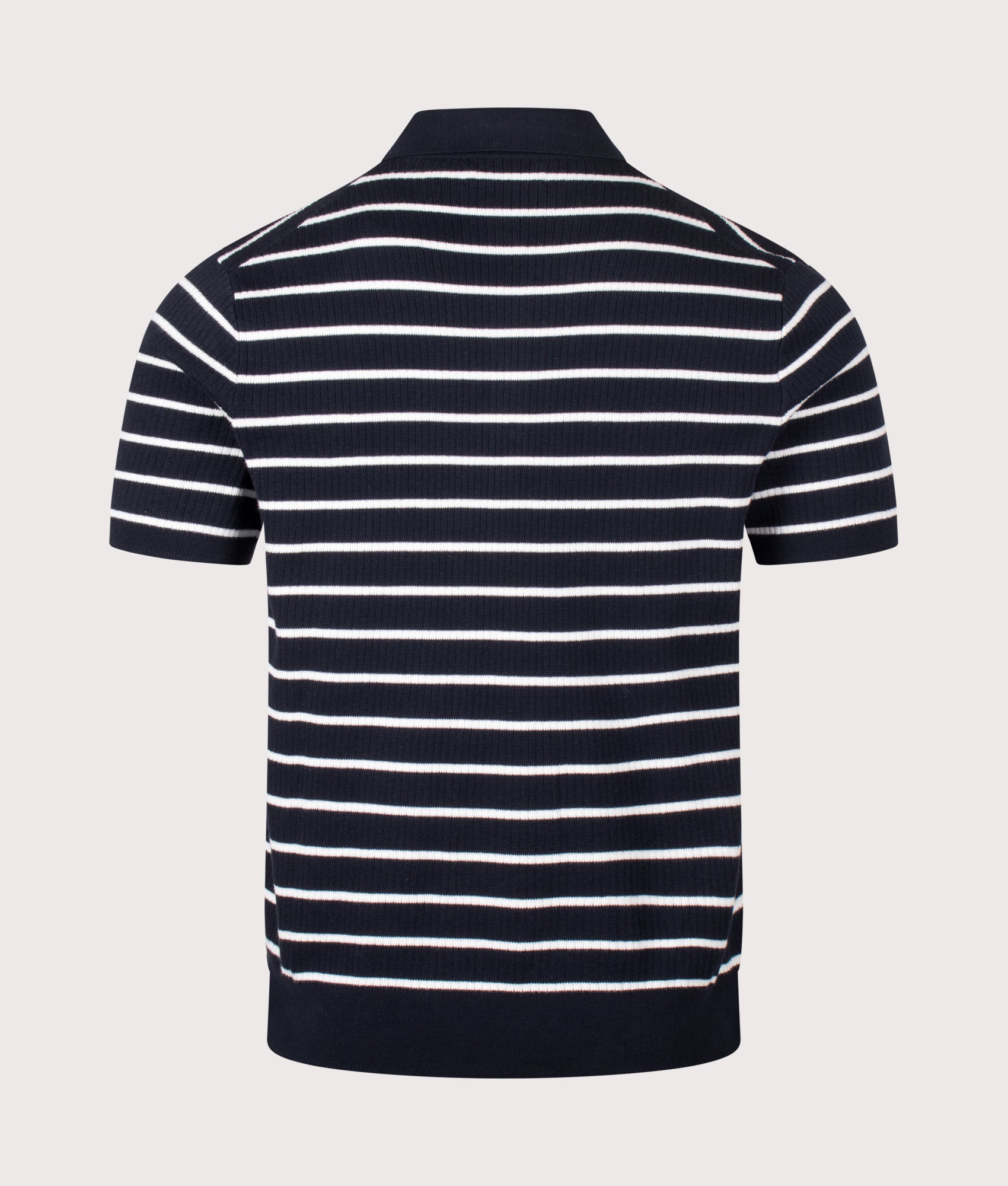 Polo Ralph Lauren Striped Rib-knit Cotton Polo Shirt in Navy White Combo at EQVVS Menswear. Back shot.