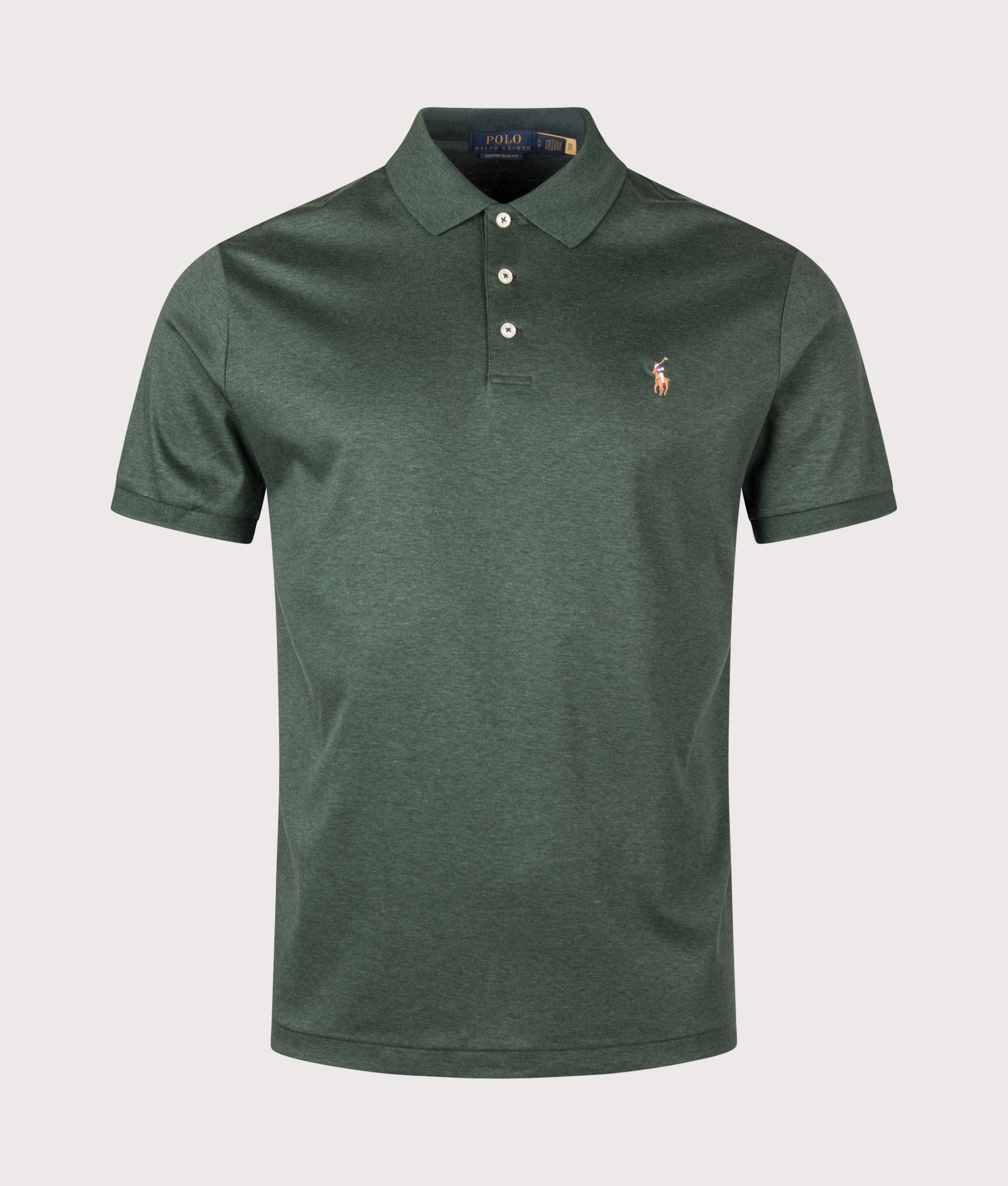 Polo Ralph Lauren Custom Slim Fit Soft Cotton Polo Shirt in Scotch Pine Heather at EQVVS Menswear. Front shot.