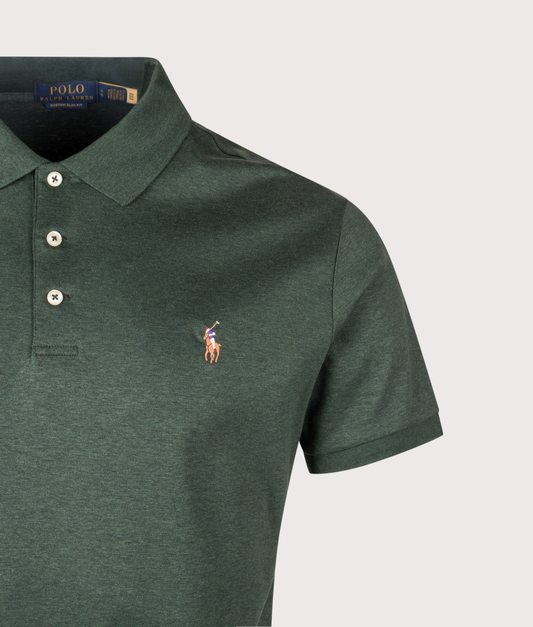Polo Ralph Lauren Custom Slim Fit Soft Cotton Polo Shirt in Scotch Pine Heather at EQVVS Menswear. Front shot.