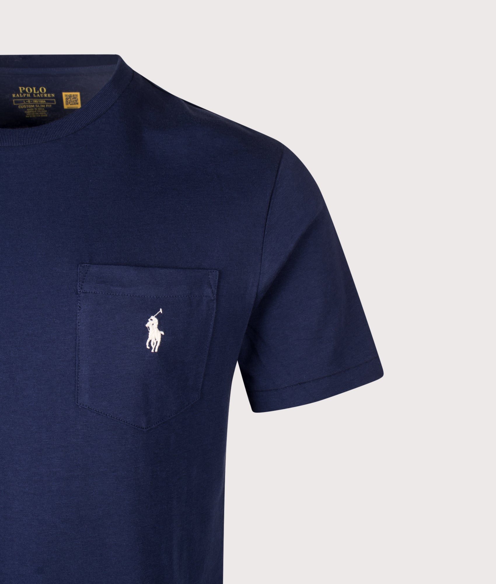 Polo Ralph Lauren Custom Slim Fit Pocket T-Shirt in Newport Navy at EQVVS Menswear. Detail shot.