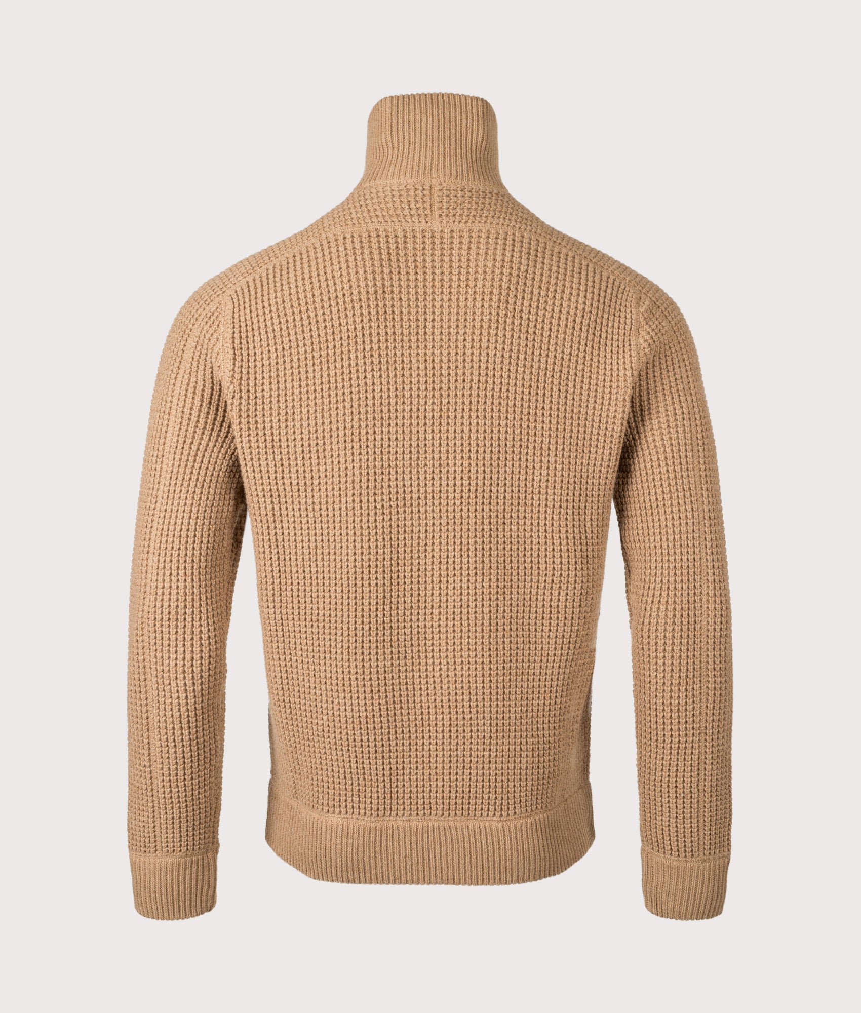 Polo Ralph Lauren Waffle Knit Zip Through Jumper in Brown Sugar Melange at EQVVS Menswear. Collar up back shot.