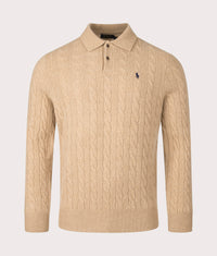 Cable Knit Cashmere Polo Neck Jumper: 004 Camel Melange 