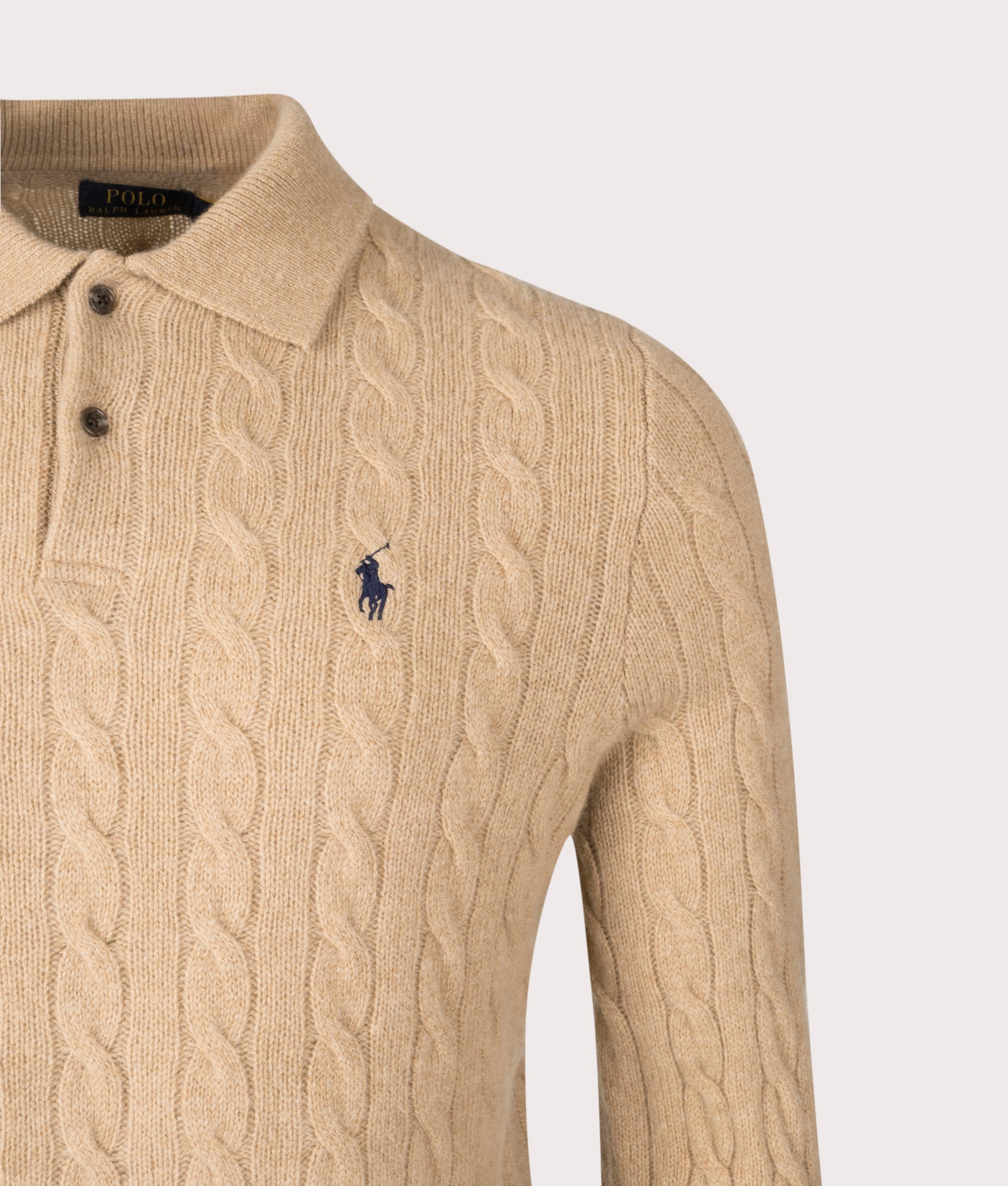 Cashmere Blend Cable Knit Sweatshirt in Camel Melange | Polo Ralph Lauren | EQVVS | Front detail shop 