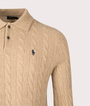 Cashmere Blend Cable Knit Sweatshirt in Camel Melange | Polo Ralph Lauren | EQVVS | Front detail shop 