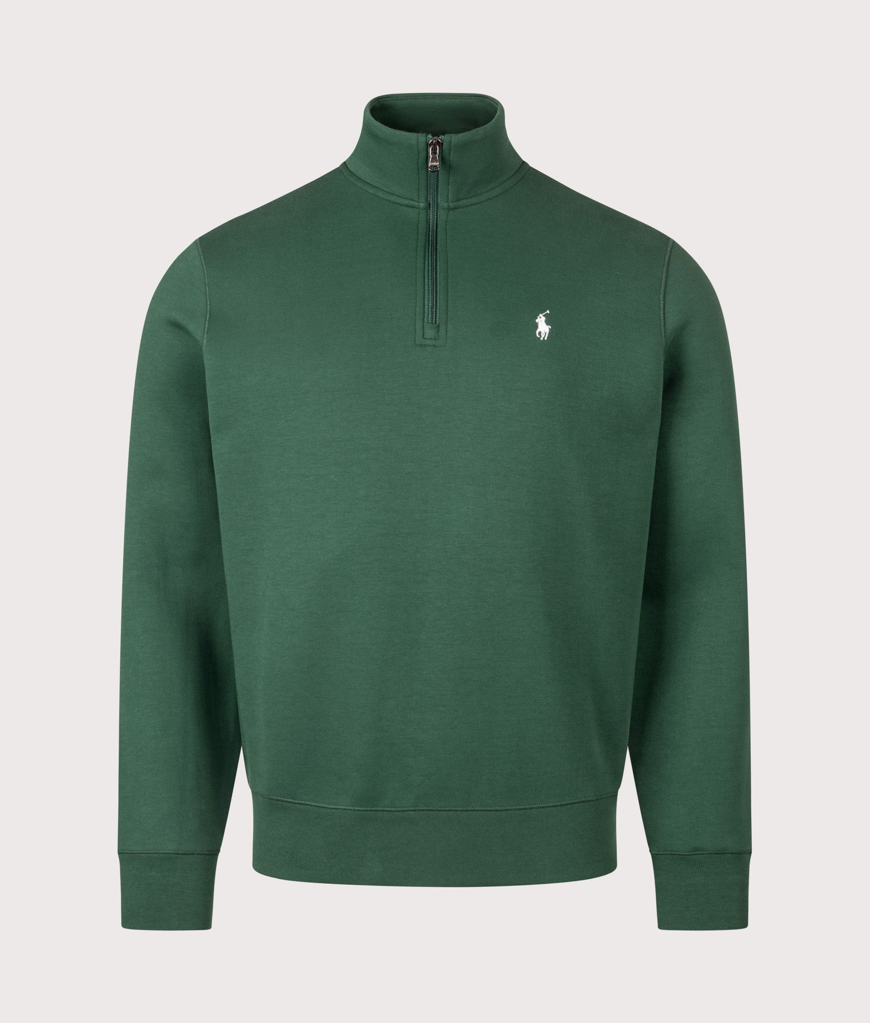Polo Ralph Lauren Double-Knit Quarter-Zip Jumper in Vintage Pine at EQVVS Menswear. Front shot.