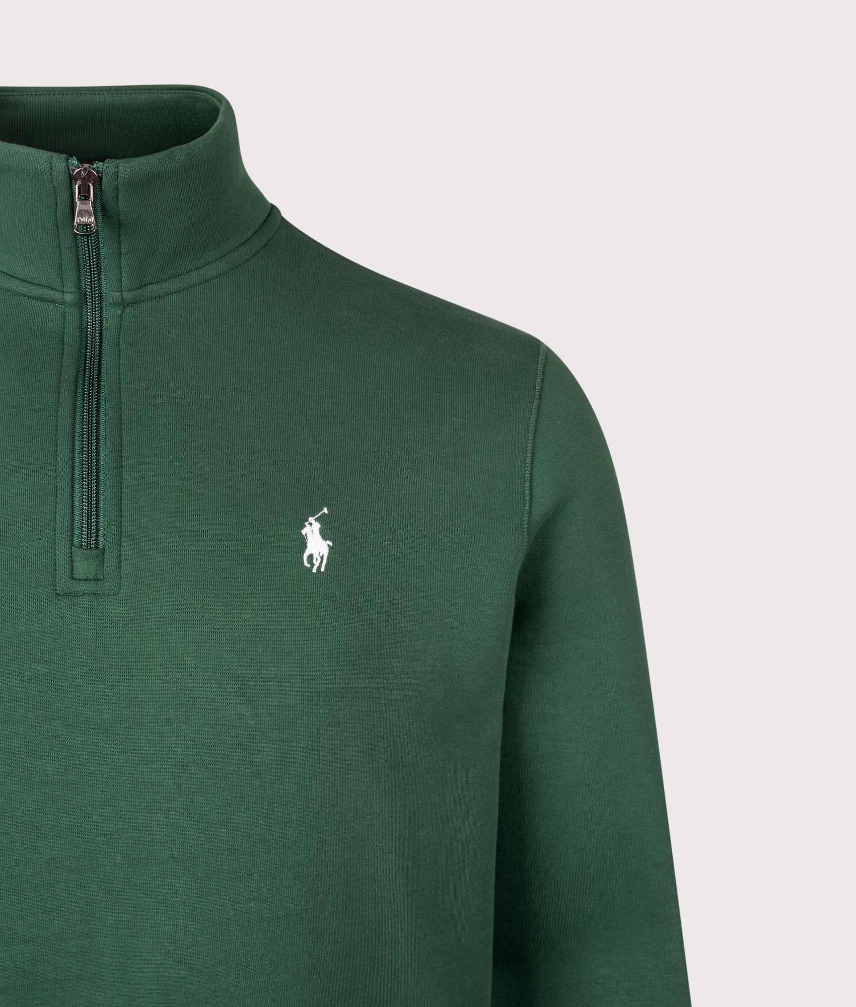 Polo Ralph Lauren Double-Knit Quarter-Zip Jumper in Vintage Pine at EQVVS Menswear. Detail shot.