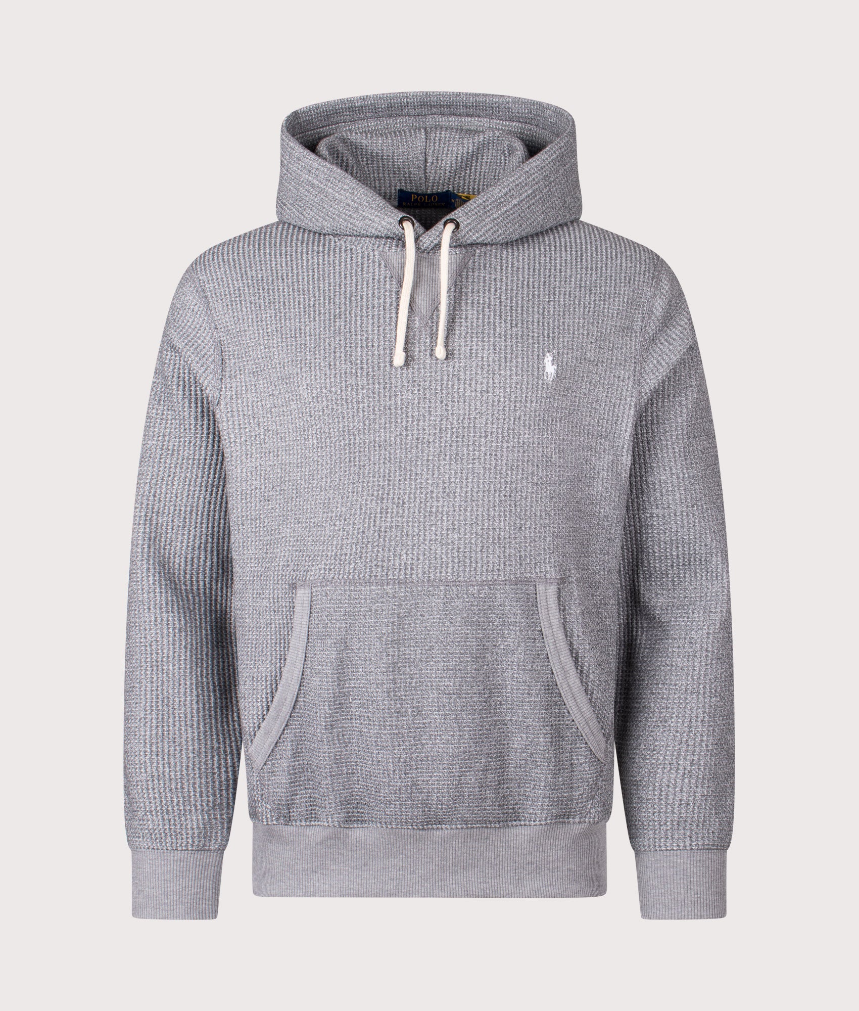 Polo Ralph Lauren Waffle Knit Fleece Lined Hoodie in Fortress Gray Heather at EQVVS Menswear. Front shot.