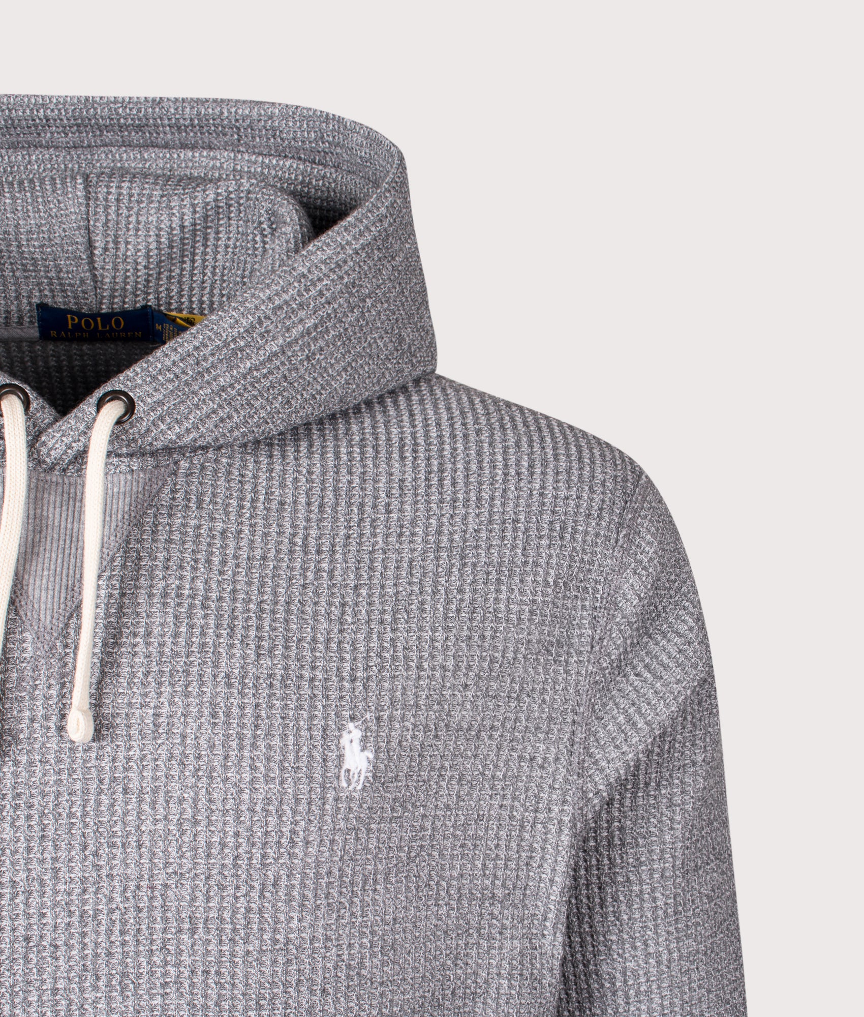 Polo Ralph Lauren Waffle Knit Fleece Lined Hoodie in Fortress Gray Heather at EQVVS Menswear. Detail shot.