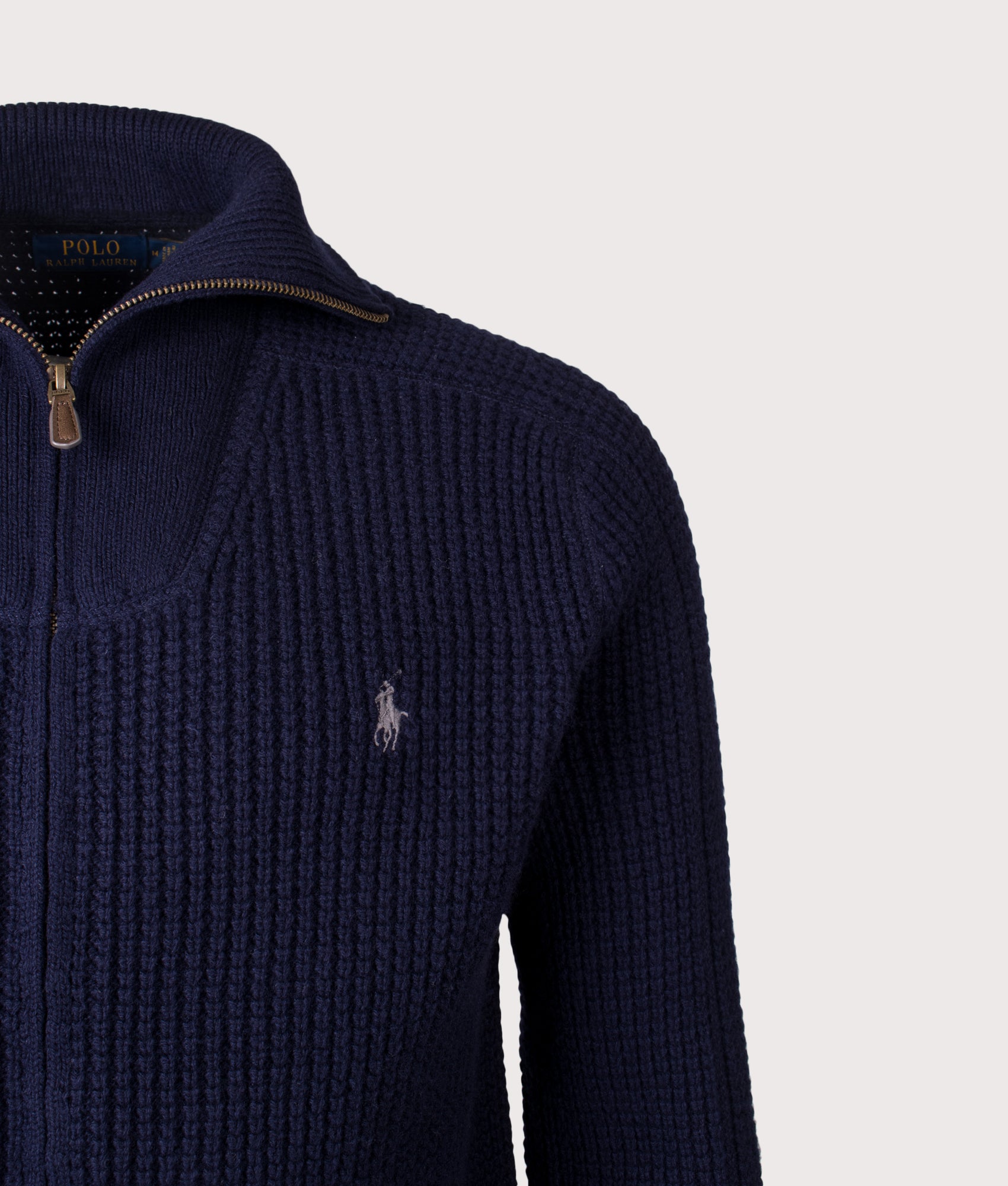 Waffle Knit Zip Through Jumper in Hunter Navy | Polo Ralph Lauren | EQVVS | Front detail shot 