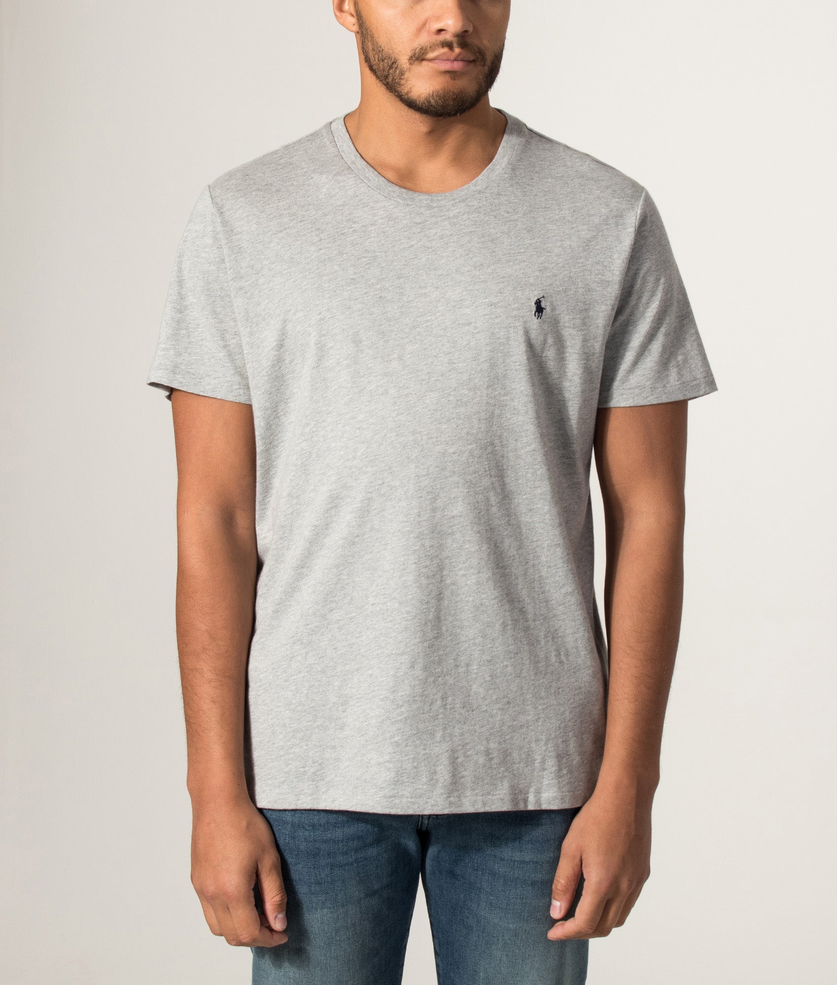 Polo Ralph Lauren Classic Fit Lightweight T-Shirt in Andover Heather  with a Navy Polo Pony at EQVVS Menswear. Model front shot.