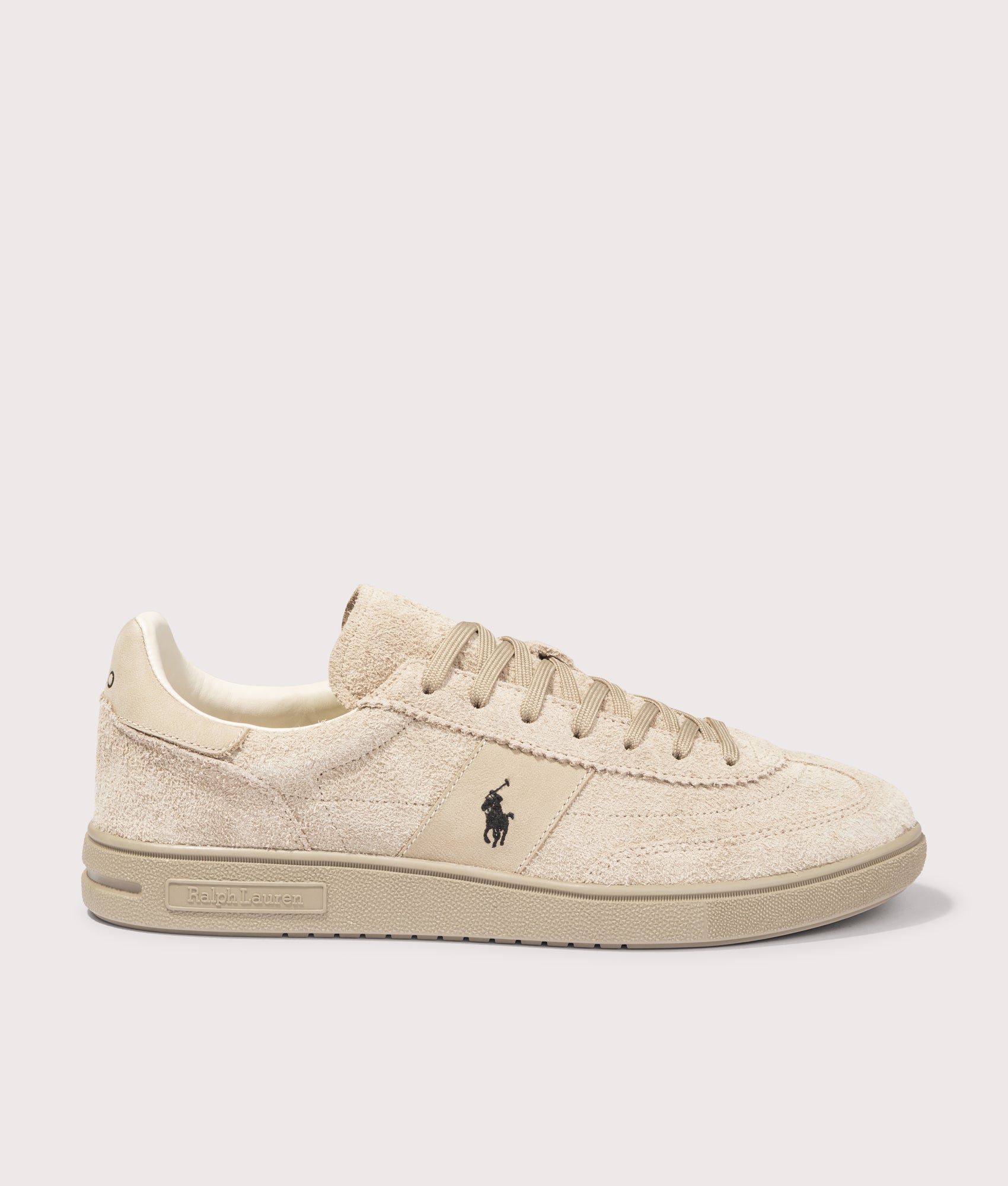 Polo Ralph Lauren Bedford Suede Sneakers in Tonal Milkshake at EQVVS Menswear. Side shot.