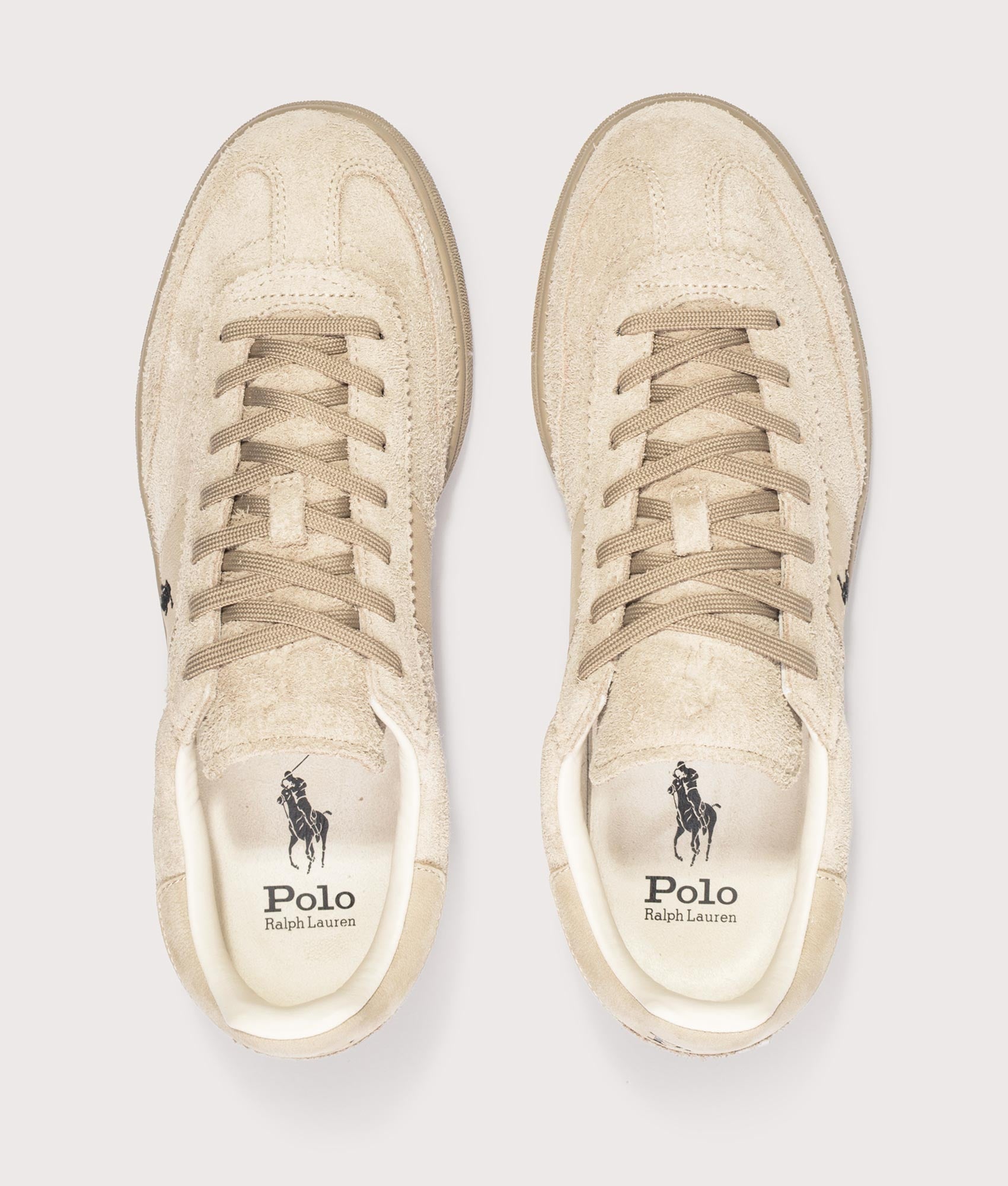 Polo Ralph Lauren Bedford Suede Sneakers in Tonal Milkshake at EQVVS Menswear. Top shot. 