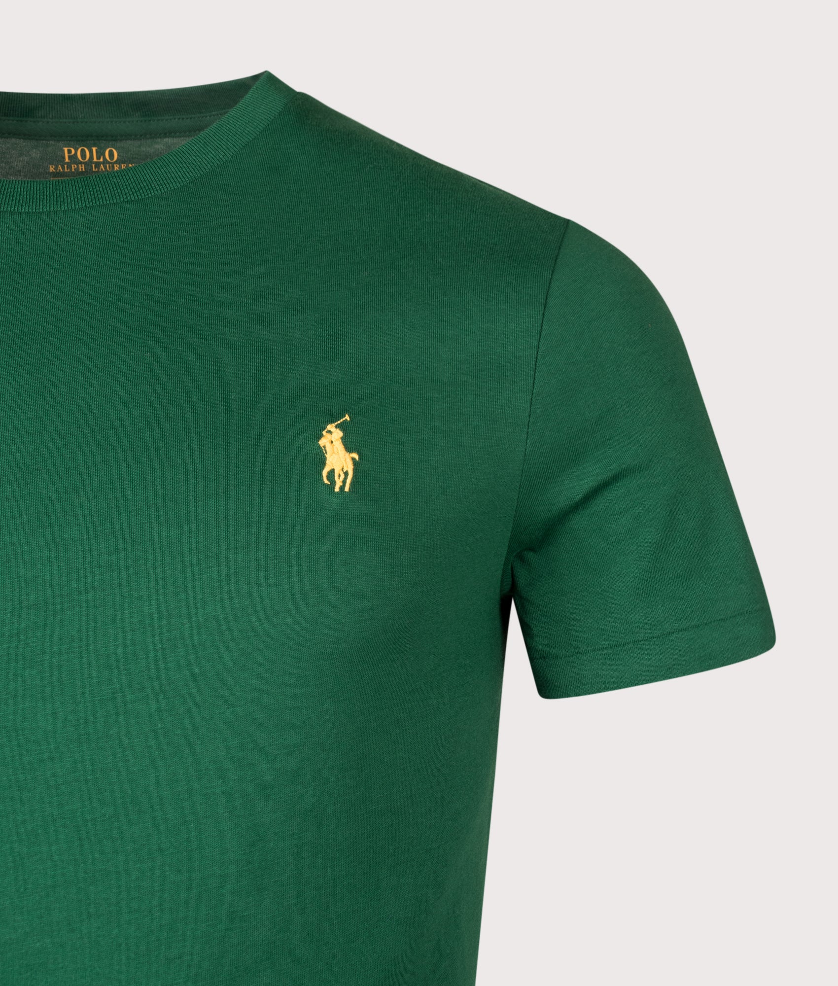 Polo Ralph Lauren Custom Slim Fit Jersey T-Shirt in New Forest at EQVVS Menswear. Detail shot.