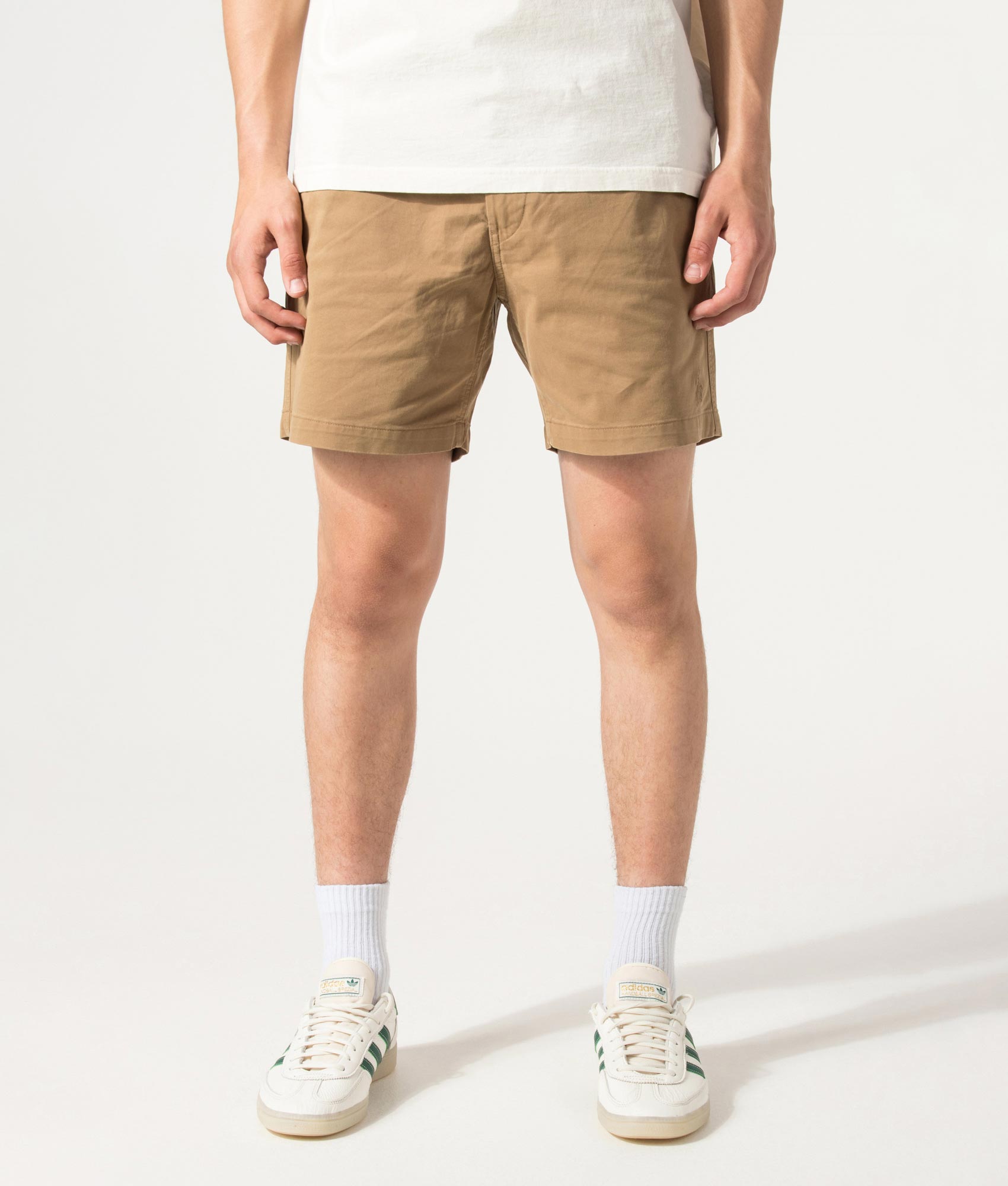 Polo Ralph Lauren Classic Fit Polo Prepster Stretch Chino Shorts in Montana Khaki at EQVVS Menswear. Model front shot.