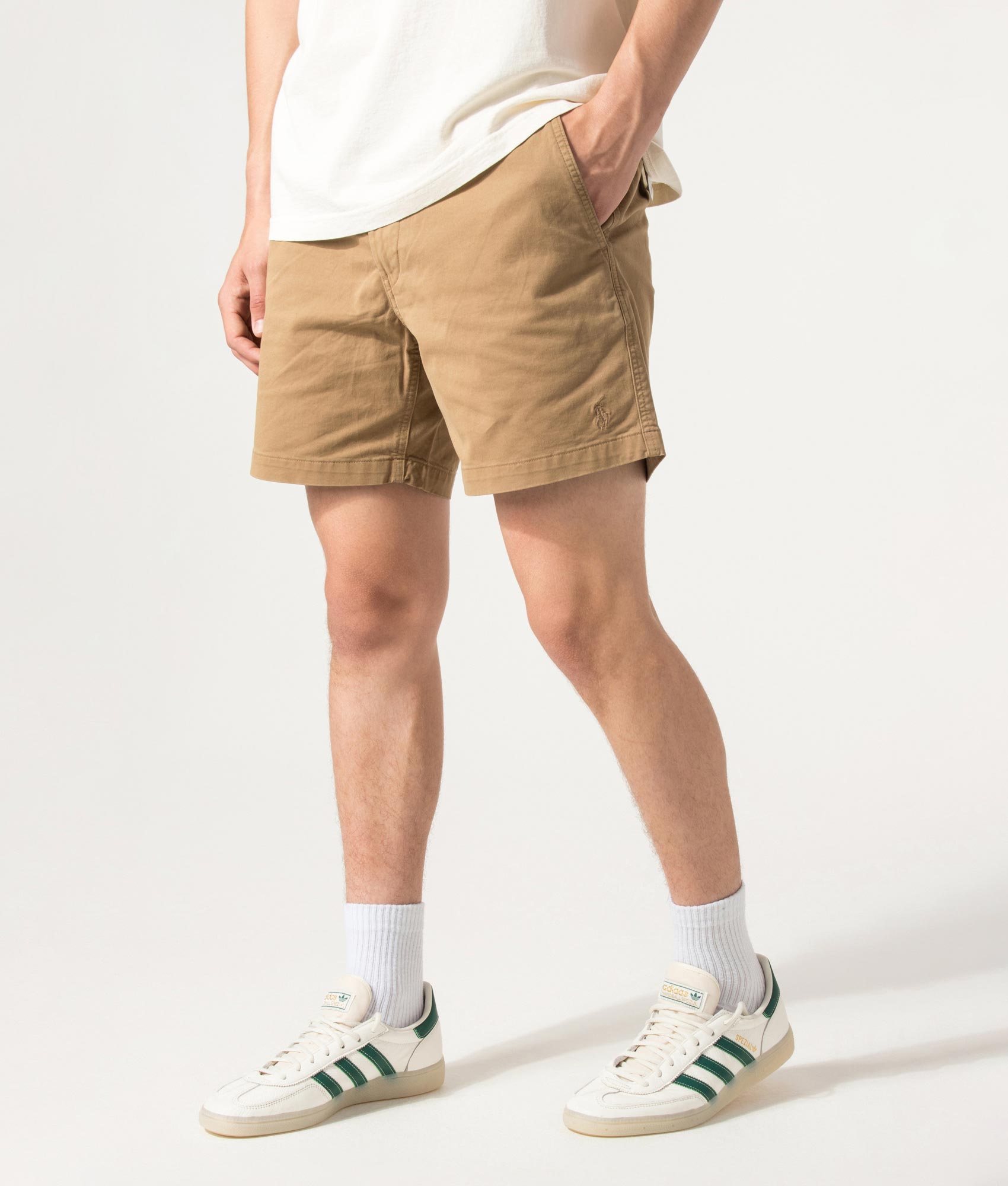 Polo Ralph Lauren Classic Fit Polo Prepster Stretch Chino Shorts in Montana Khaki at EQVVS Menswear. Angled model front shot.