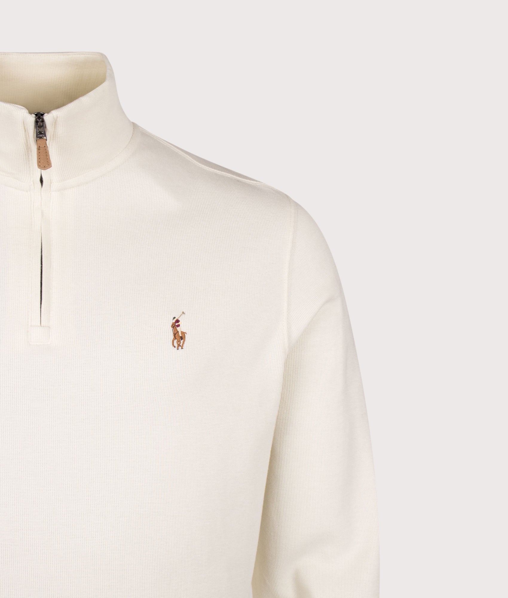 Polo Ralph Lauren Estate-Rib Quarter Zip Jumper in Parchment Cream at EQVVS Menswear. Detail shot.