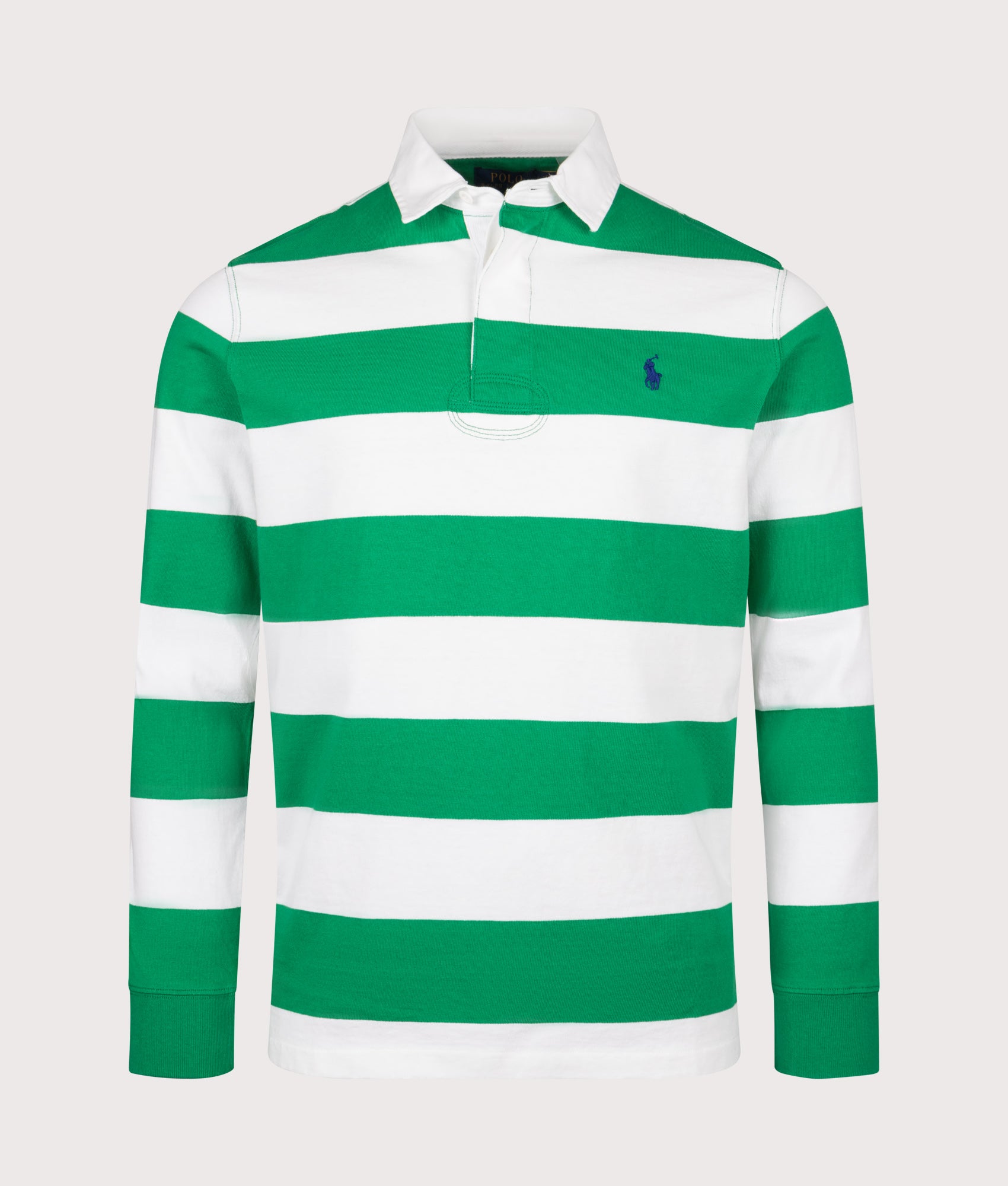 Polo Ralph Lauren Classic Fit Iconic Striped Rugby Shirt in Billiard and Classic Oxford White at EQVVS Menswear. Front shot.