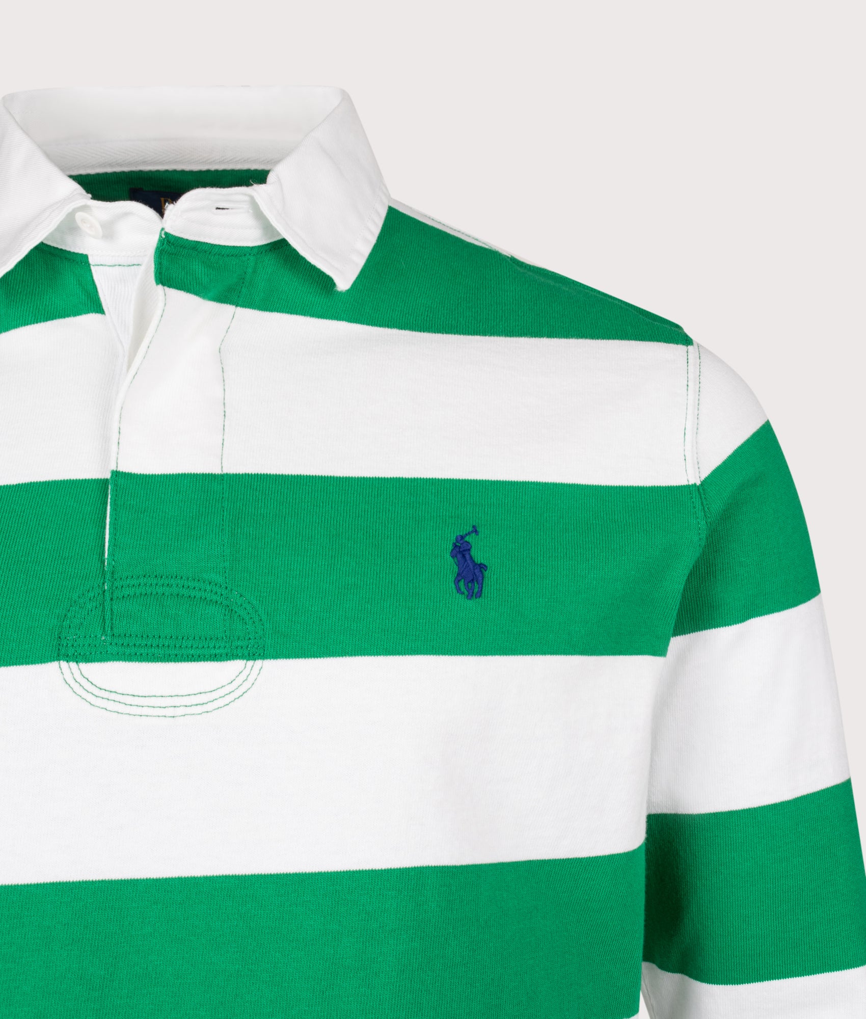 Polo Ralph Lauren Classic Fit Iconic Striped Rugby Shirt in Billiard and Classic Oxford White at EQVVS Menswear. Detail shot.
