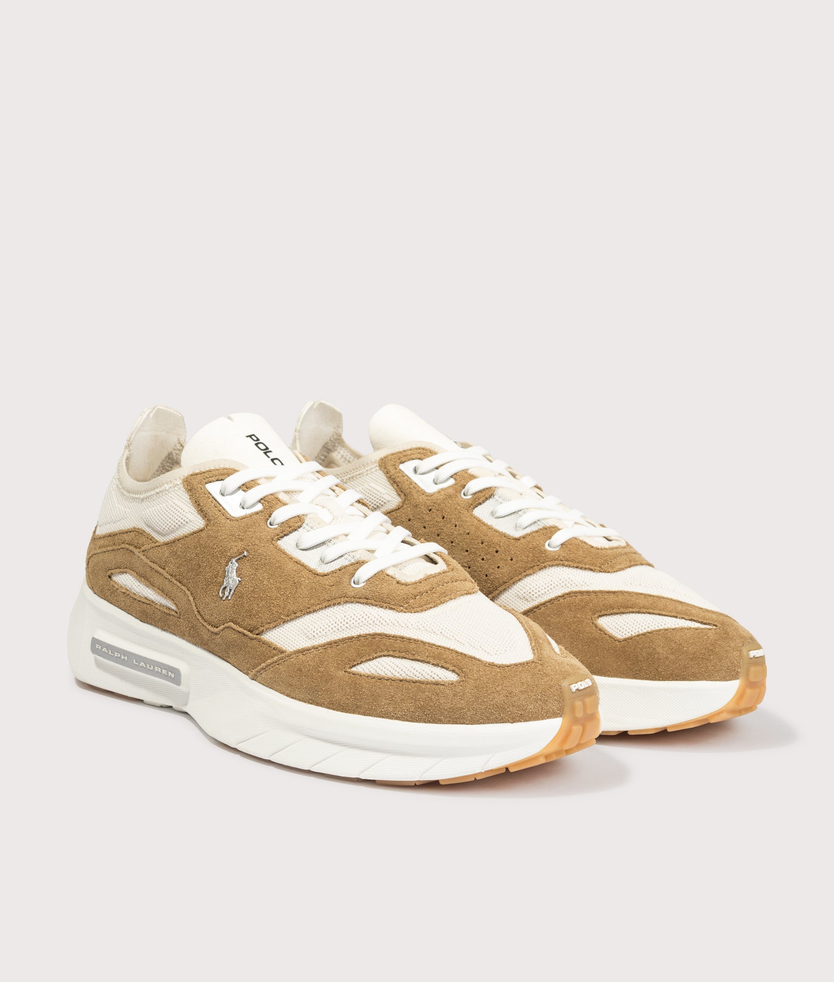 Polo Ralph Lauren Boerum Suede-Paneled Knit Sneakers in Desert Tan and Deckwash White at EQVVS Menswear. Angled front shot.
