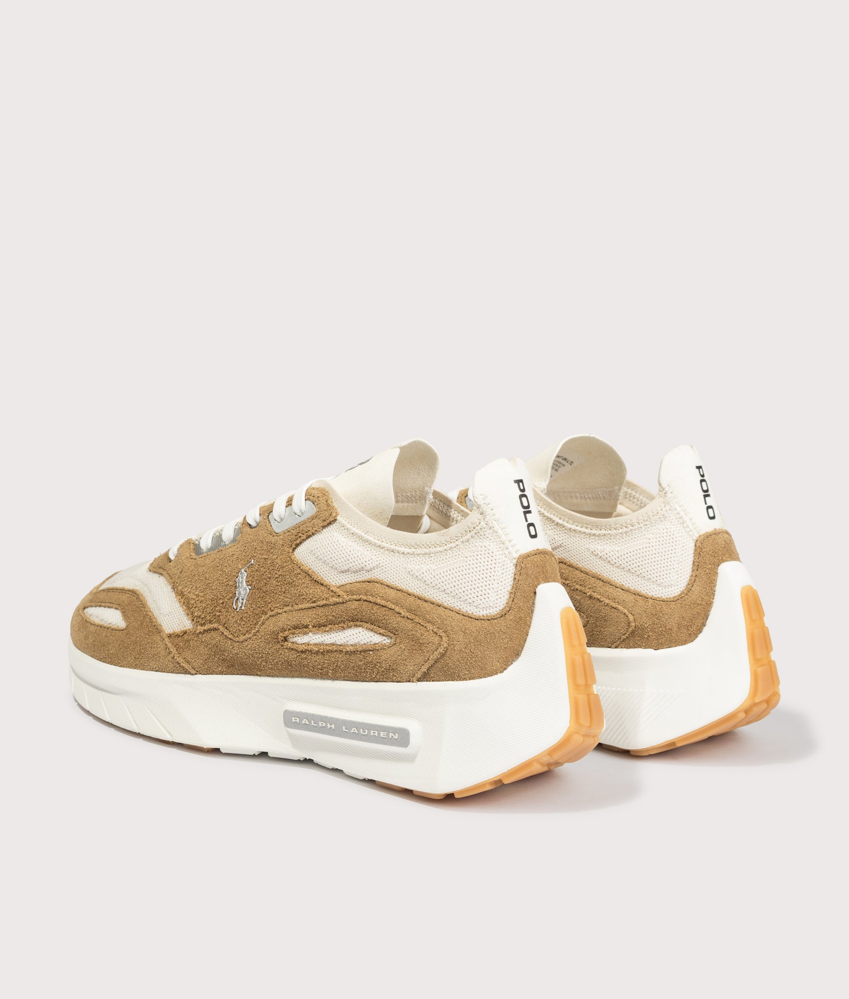 Polo Ralph Lauren Boerum Suede-Paneled Knit Sneakers in Desert Tan and Deckwash White at EQVVS Menswear. Angled back shot.