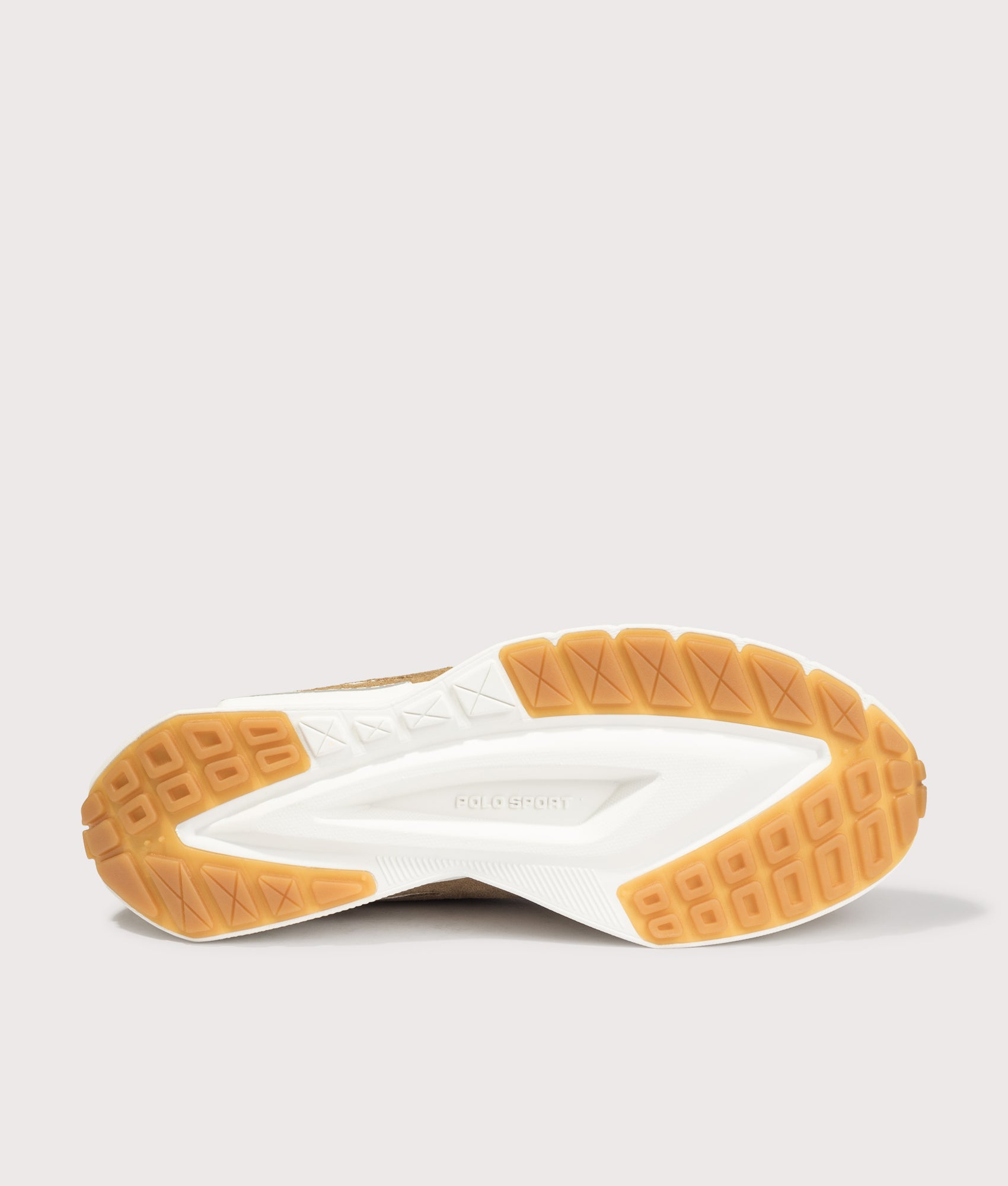 Polo Ralph Lauren Boerum Suede-Paneled Knit Sneakers in Desert Tan and Deckwash White at EQVVS Menswear. Tread shot.