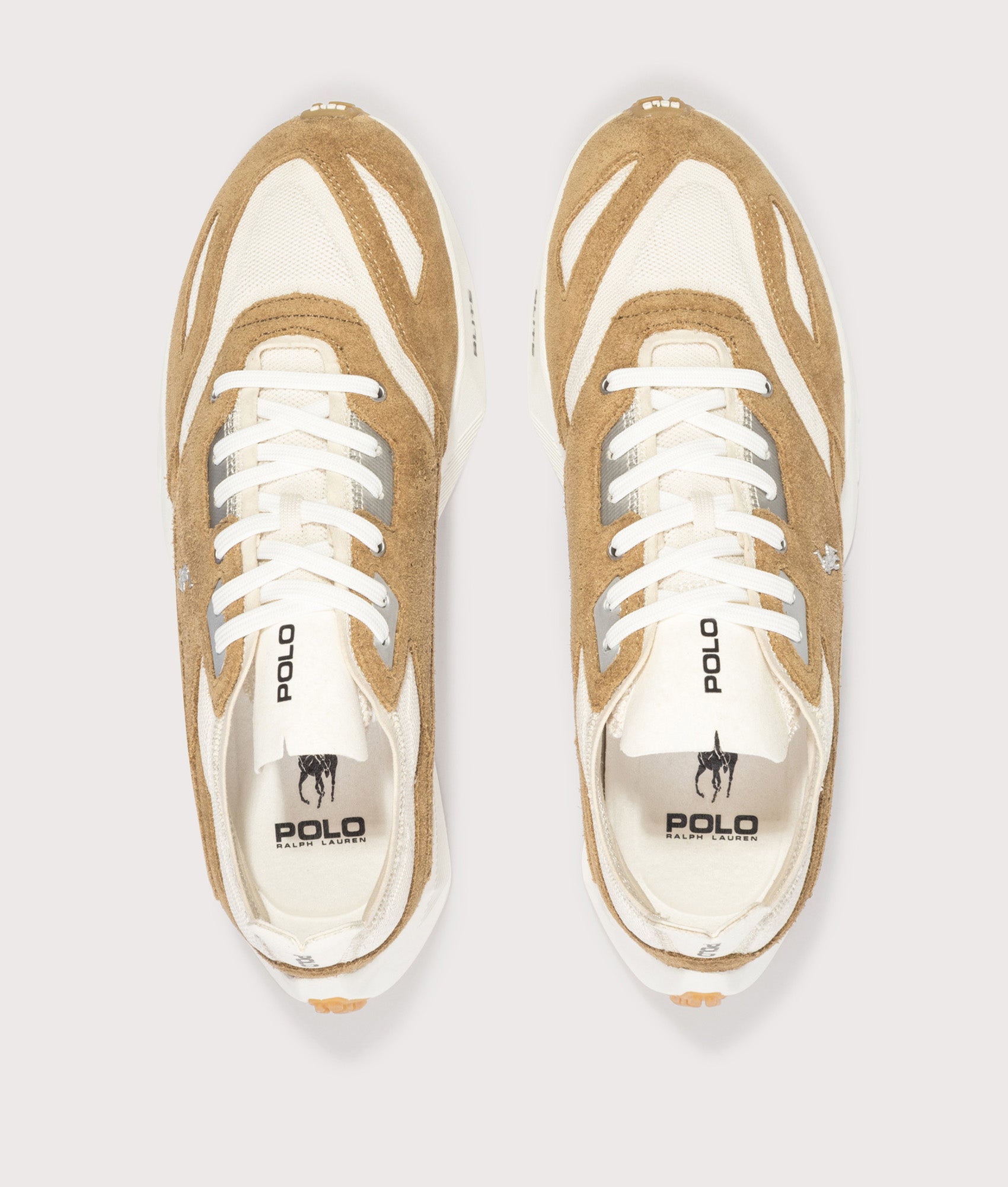 Polo Ralph Lauren Boerum Suede-Paneled Knit Sneakers in Desert Tan and Deckwash White at EQVVS Menswear. Top shot.