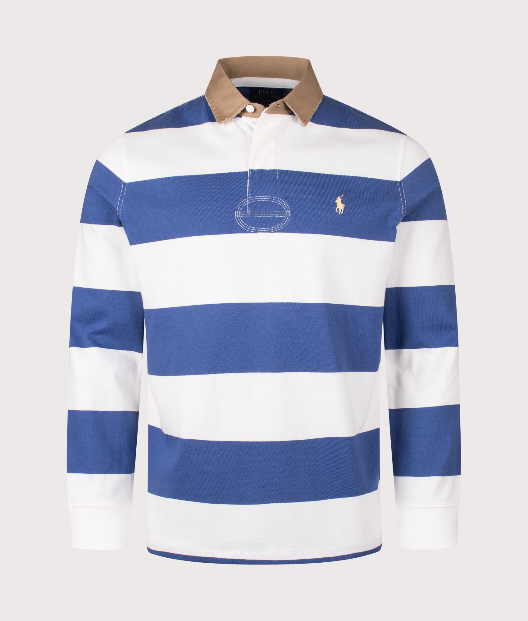 Classic Fit Khaki-Collar Striped Rugby Shirt in Old Royal/Trophy Cream | 100% Cotton | Polo Ralph Lauren | EQVVS | Front shot 